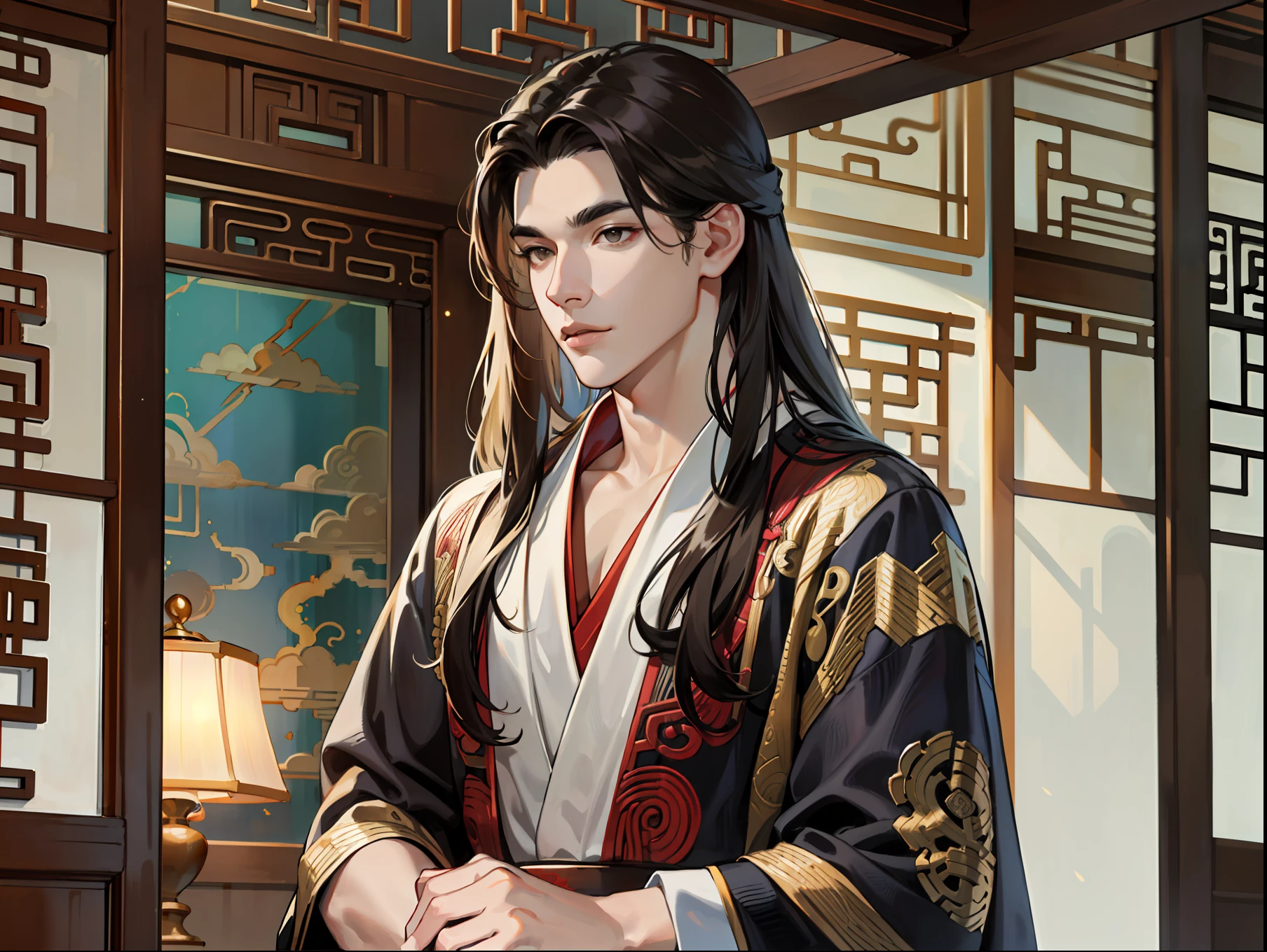 （great resolution，Hyper detailed，PhotoRealistic，），1 名男性，solo，youth，handsome，long hair，BLACK HAIR，BROWN EYES，Angular chin，thick neck，Thick eyebrows，NIGHT, brunet, Interior background of traditional Chinese house, Gray robe, total body