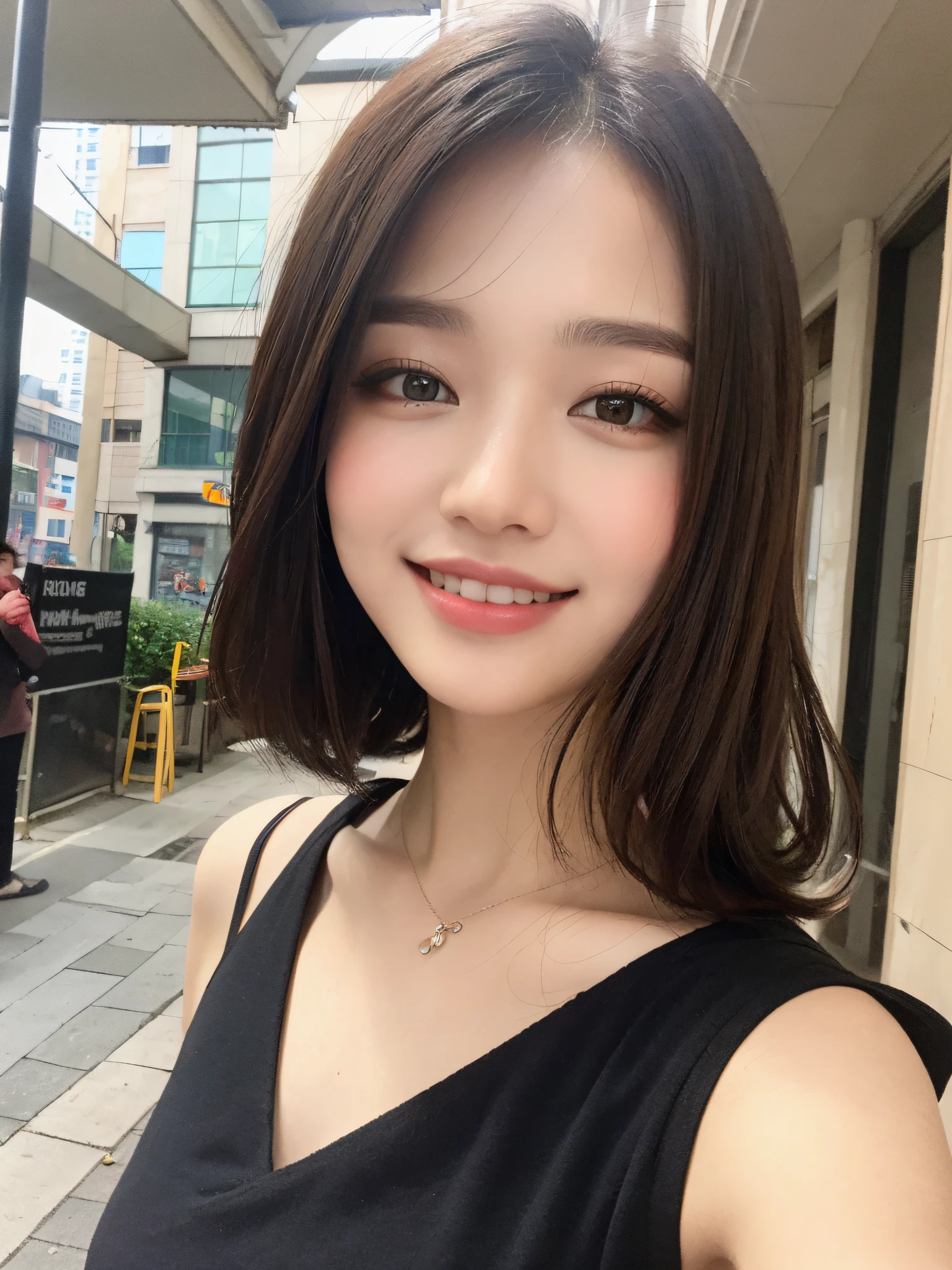 ((Best Quality, 8K, Masterpiece: 1.3)), 1 girl, smile, full body, slim face, pretty woman, (short dark brown hair), casual outfit, ultra-detailed face, detailed eyes, double eyelids, blurred background, slim face, city, outside, street,