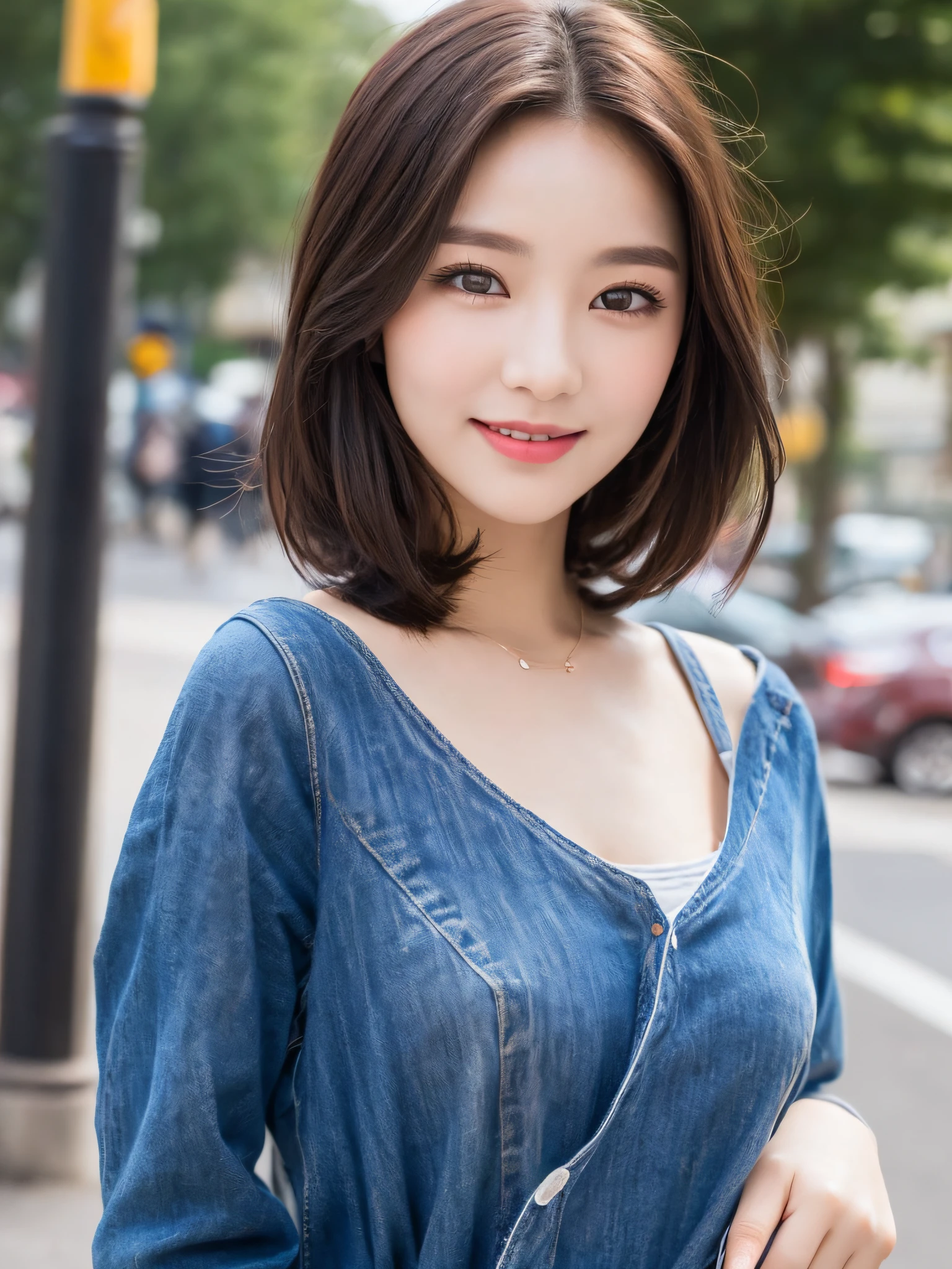((Best Quality, 8K, Masterpiece: 1.3)), 1 girl, smile, full body, slim face, pretty woman, (short dark brown hair), casual outfit, ultra-detailed face, detailed eyes, double eyelids, blurred background, slim face, city, outside, street,