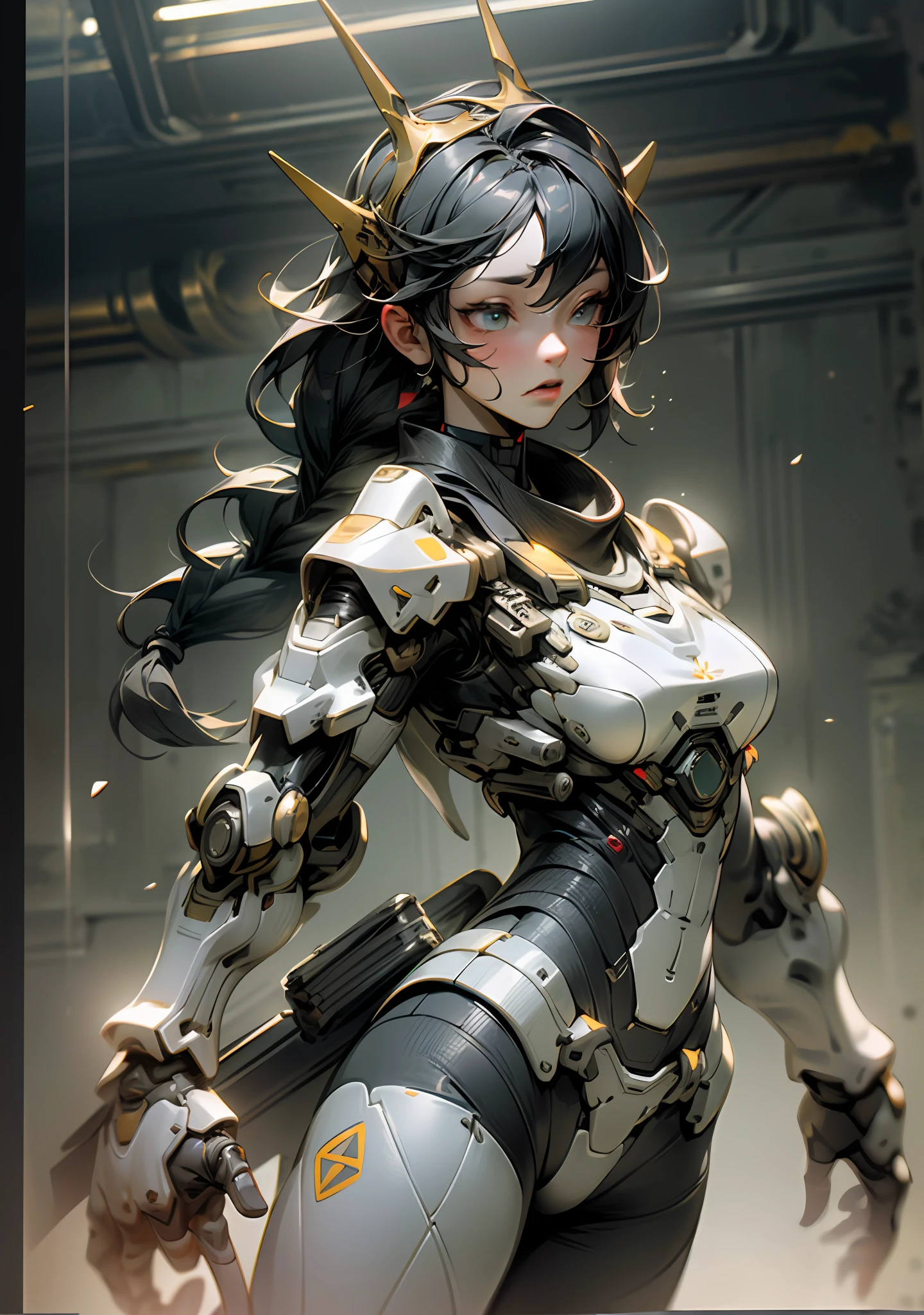 ((fbest quality)), ((Masterpiece)), (Very Detail: 1.3), 3D, Icaru valkirie-mecha, Beautiful cyberpunk woman wearing crown, with master chef style armor, sci-fi technology, HDR (high dynamic range), raytraced, nvidia RTX, Ultra Resolution, unreal 5, subsurface scatter, pbr texturing, post-processing, anisotropic filtering, depth offield、, Maximum sharpness and sharpness, multi-layer texture, specular and albedo mapping, Surface coloring, accurate simulation of light-material interactions, perfect proportions, octanerendering, two-tone lighting, low ISO, white balance, Rule of Thirds, large aperture, 8K RAW, high efficiency subpixels, Subpixel Convolution, Light particles, light scattering, Tyndall effect, very sexy, full body, Battle posture, black hair with braids,(In the wilderness ruined battlefield:1.2),raytraced,Light particles
