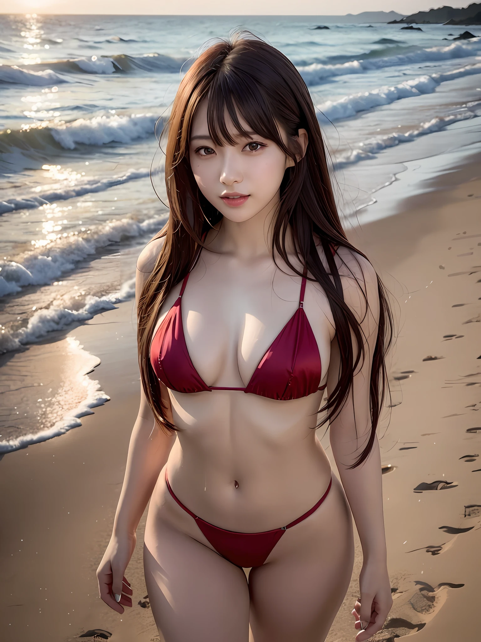 masterpiece, 1 girl per 1 photo, full body shot, directly front view, a Japanese young pretty girl, sweaty body, tanned skin, standing on a beautiful beach in the sunset with a big smile, glamorous figure, wearing a satin red micro bikini, hyper cute face, glossy lips, double eyelids in both eyes, Natural makeup, long eyelashes, shiny smooth light brown hair of long bob hair, asymmetrical bangs, central image, 8K resolution, high detail, detailed hairstyle, Detailed Face, spectacular cinematic lighting, octane rendering, vibrant, hyper realistic, perfect limbs, perfect anatomy