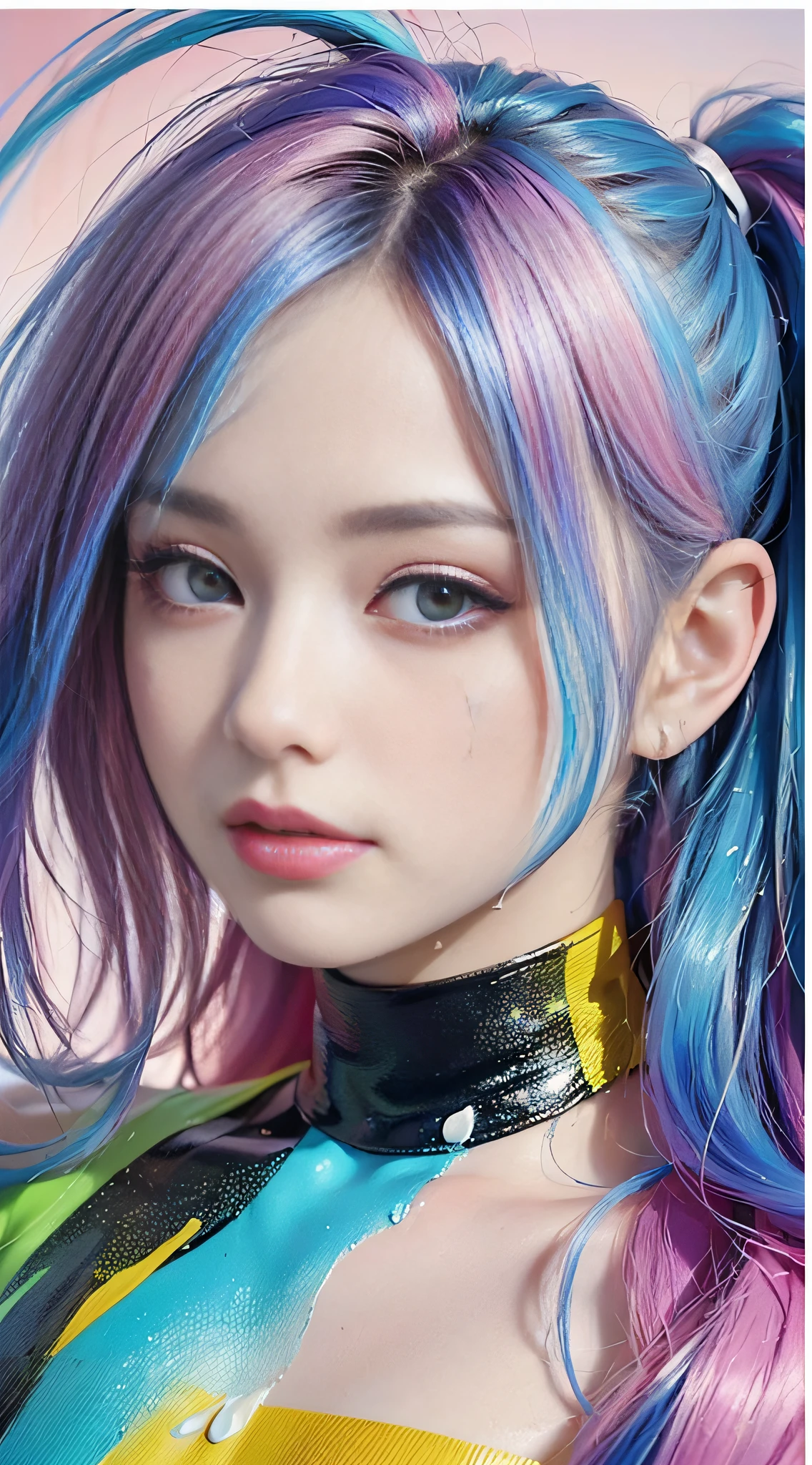 (Pink Fashion T-shirt:1.9),(Colorful hair: 1.8), (all the colours of the rainbow: 1.8),(((((vertical painting:1.6))), (painting:1.6),front, comics, illustrations, paintings, large eyes, crystal clear eyes,( rainbow color gradient high ponytail:1.7), exquisite makeup, closed mouth,(Small Fresh: 1.5),(Wipe Chest: 1.6) ,long eyelashes, white off shoulder T-shirt, White Shoulder Shirt,looking at the audience, large watery eyes, (rainbow colored hair:1.6), color splash, (solo:1.8), color splash, color explosion, thick paint style, messy lines, ((shining)),(colorful), (colorful), (colorful), colorful, Thick Paint Style, (Splash) (Color Splash), Vertical Painting, Upper Body, Paint Splash, Acrylic Pigment, Gradient, Paint, Highest Image Quality, Highest Quality, Masterpiece, Solo, Depth of Field, Face Paint, colorful clothes, (Elegant: 1.2), gorgeous,long hair, wind, (Elegant: 1.3), (Petals: 1.4),(((masterpiece))),(((best quality))),((ultra-detailed)),(illustration),(dynamic angle),((floating)),(paint),((disheveled hair)),(solo),(1girl) , (((detailed anima face))),((beautiful detailed face)),collar,bare shoulders,white hair, ((colorful hair)),((streaked hair)),beautiful detailed eyes,(Gradient color eyes),(((colorful eyes))),(((colorful background))),(((high saturation))),(((surrounded by colorful splashes))),
