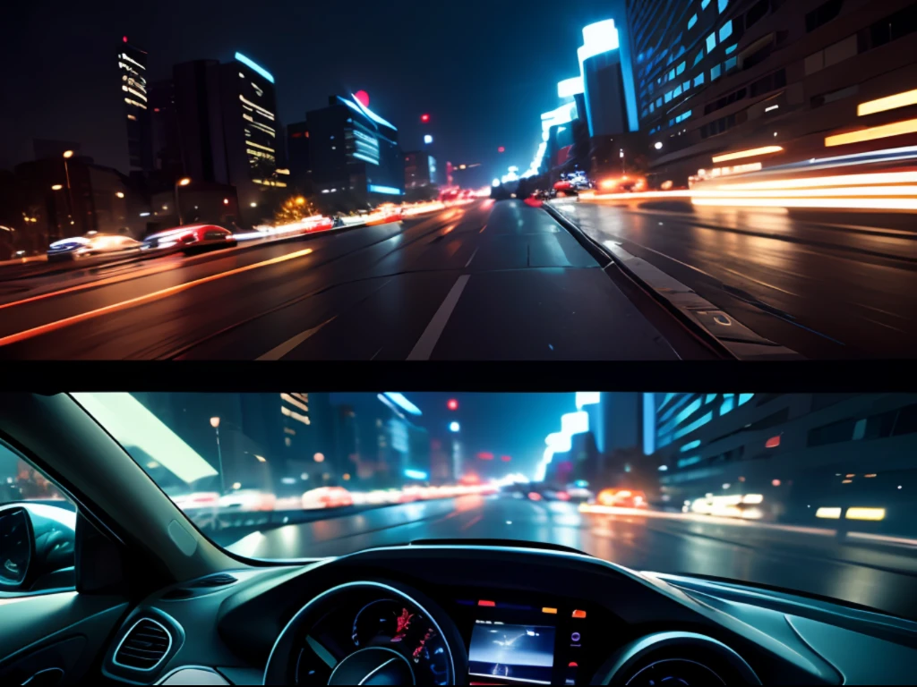 [Illustration] comic page, multiple screens on one page: A Mercedes driving in the city at night, showing the side of the car, GoPro, f/2.8, horizontal motion blur [Multi-angle continuous shooting]:: Futuristic, immersive, elegant, luxurious, refined, octane rendering, long lens, hyper-realistic 50-c100--v 5.1, cobalt blue, long exposure, diffuse backlight, motion picture film P30 --s100--c100--v5.1