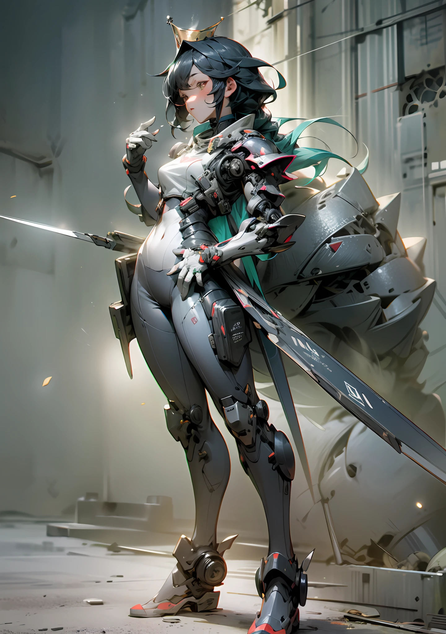 ((fbest quality)), ((Masterpiece)), (Very Detail: 1.3), 3D, Icaru valkirie-mecha, Beautiful cyberpunk woman wearing crown, with master chef style armor, sci-fi technology, HDR (high dynamic range), raytraced, nvidia RTX, Ultra Resolution, unreal 5, subsurface scatter, pbr texturing, post-processing, anisotropic filtering, depth offield、, Maximum sharpness and sharpness, multi-layer texture, specular and albedo mapping, Surface coloring, accurate simulation of light-material interactions, perfect proportions, octanerendering, two-tone lighting, low ISO, white balance, Rule of Thirds, large aperture, 8K RAW, high efficiency subpixels, Subpixel Convolution, Light particles, light scattering, Tyndall effect, very sexy, full body, Battle posture, black hair with braids,(In the wilderness ruined battlefield:1.2)，raytraced，Light particles