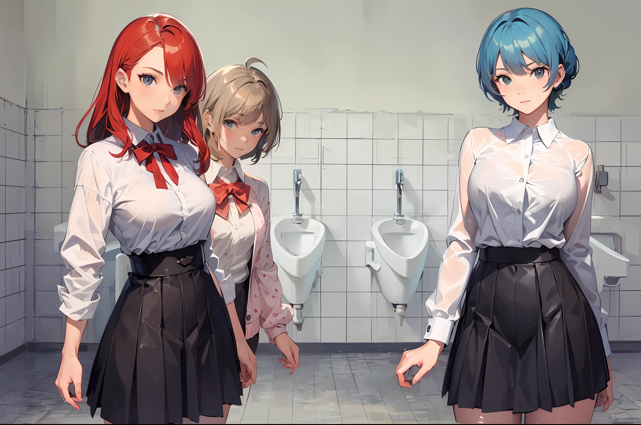 trio woman on the public toilet