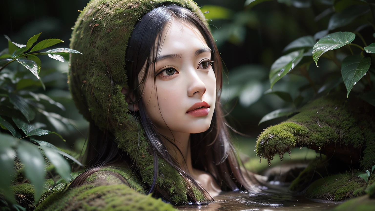 all the head in the moss, the background of the forest, the rain