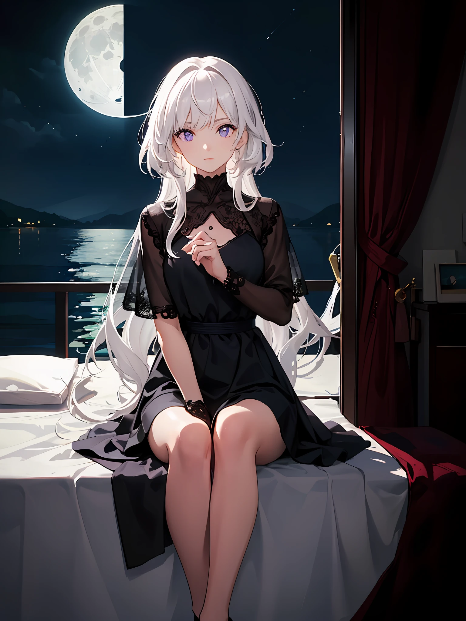 High resolution, highest quality, illustration, cinematic light, ultra-detailed face, (detailed eyes), best quality, ultra-detailed, masterpiece, (detailed face), 1girl, girl, white hair, purple eyes, highest detail, glowing eyes, medium breathing, sitting on the bed, sitting, bed, window, night sky, lake outside, moon, full moon, backlight, light, (high contrast), (color),