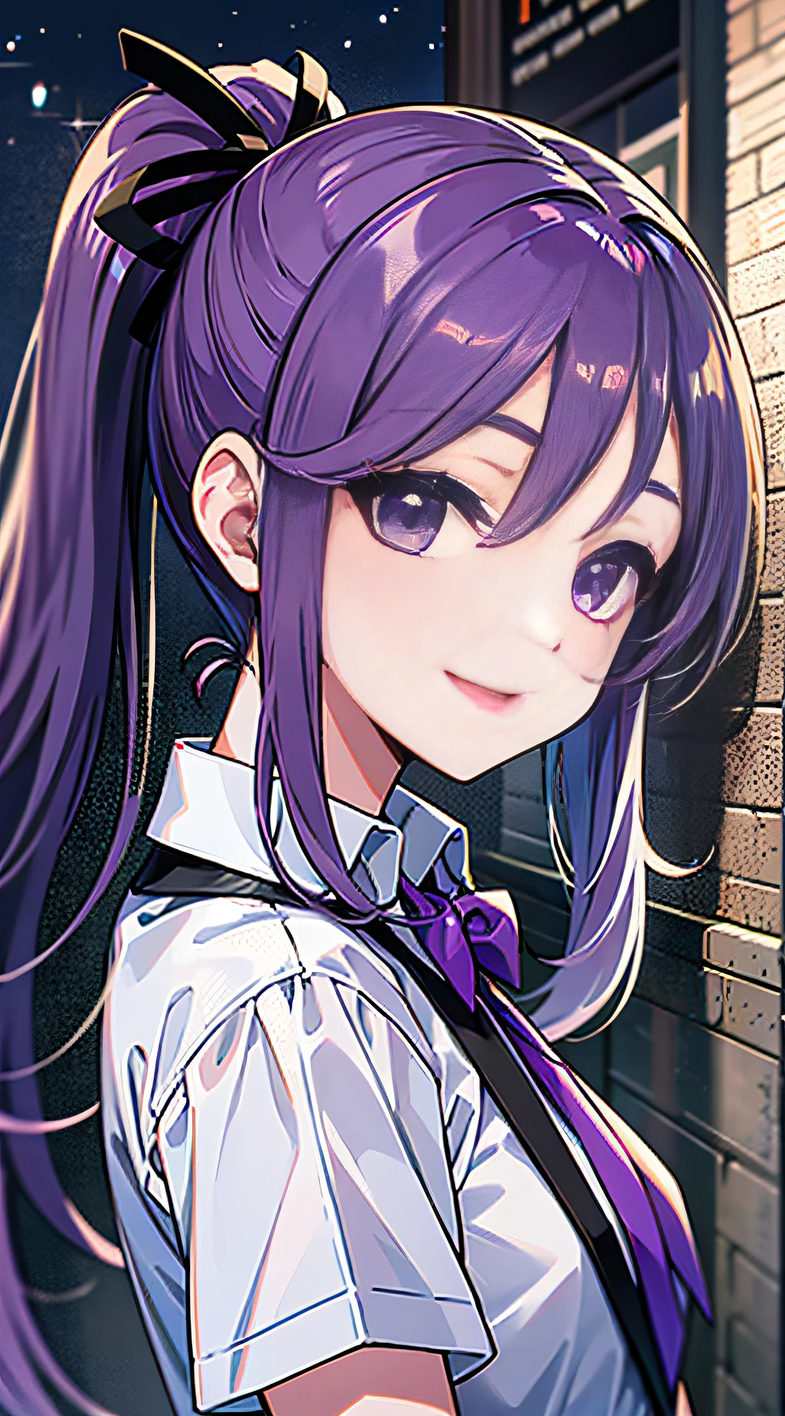 Obra-prima，, best qality, long hair, purple color  hair, purple Eyes, side ponytails, character close-up, Sorrisos,, + +, out door，, character close-up, NIGHT、, whiteshirt, the street、, bow Tie,