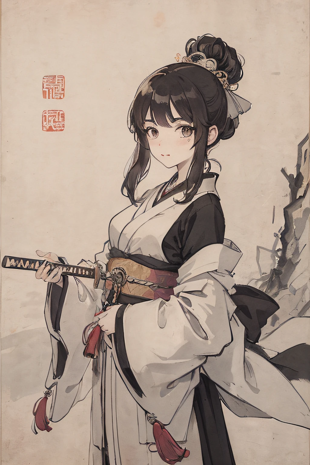(obra-prima, melhor qualidade: 1.2), pintura a tinta chinesa tradicional, menina segurando uma katana japonesa, por do sol
