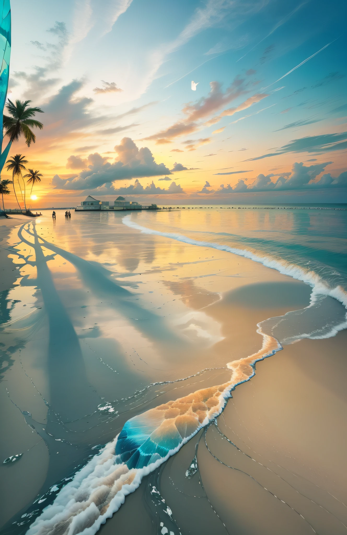 The beach is covered with colorful transparent smooth stones: 1.5, an absolutely mesmerizing sunset on the beach with a mix of orange, pink and yellow in the sky. The water is crystal clear, gently kissing the shore, And the white sand beach stretches so far, As far as the eye can see. The scene is dynamic and breathtaking, with seagulls, soaring high in the sky, and palm trees, gently swaying. Soak up the calming atmosphere and let tranquility envelop you.