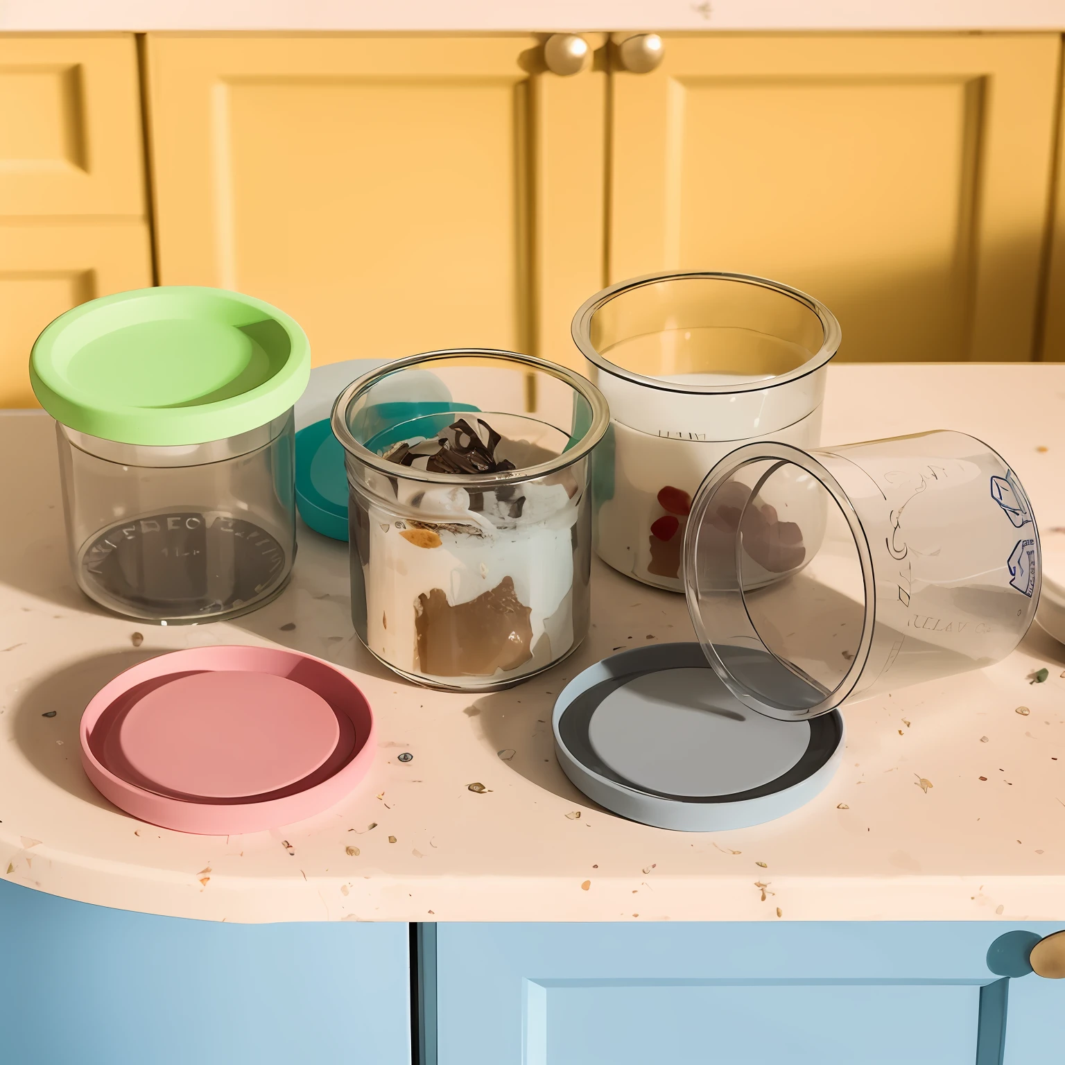 There are four jars on the counter,A spoon and a jar, jars, silicone cover, product introduction photos, glass jar, Various Colors, 9 0 mm, 90mm, pastel colorful mold, 1 2 0 mm, 120mm, with clear glass, 8 0 mm, 80mm, photo 85mm, mixed art, more detail,One of the jars has yogurt in it,Another jar had ice cream in it