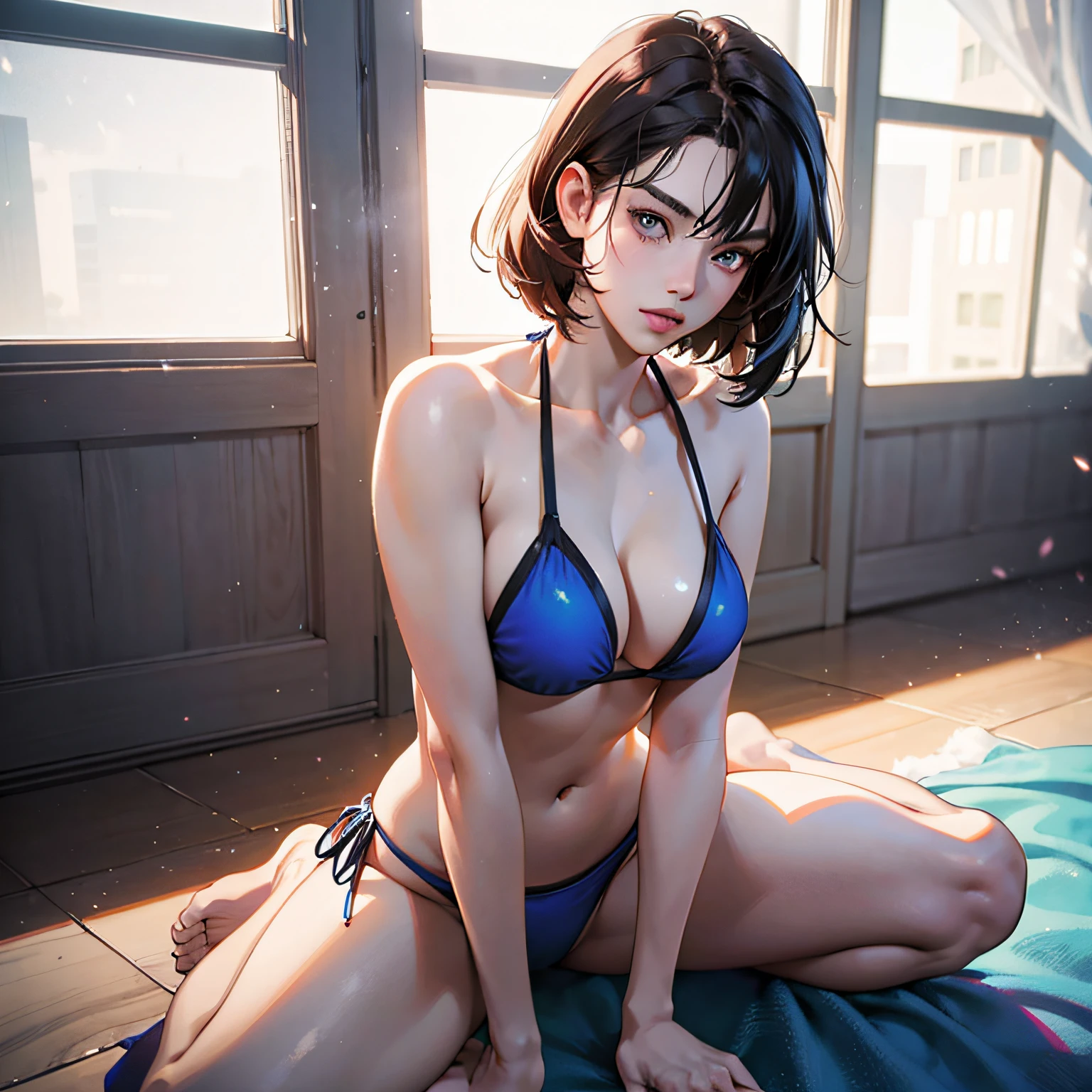 Anime - Style woman in a light blue bikini sitting on the floor in front of a window, rosto de americana, musculosa, bunda grande,  anime sedutora, Motoko Kusanagi, Ilya Kuvshinov. 4 mil, fantasma no estilo de arte da concha, oppai cyberpunk, Fantasma sem concha, realistic bikini, meninaime cyberpunk feminino, photorealistic anime girl render, 3 d anime realista --auto