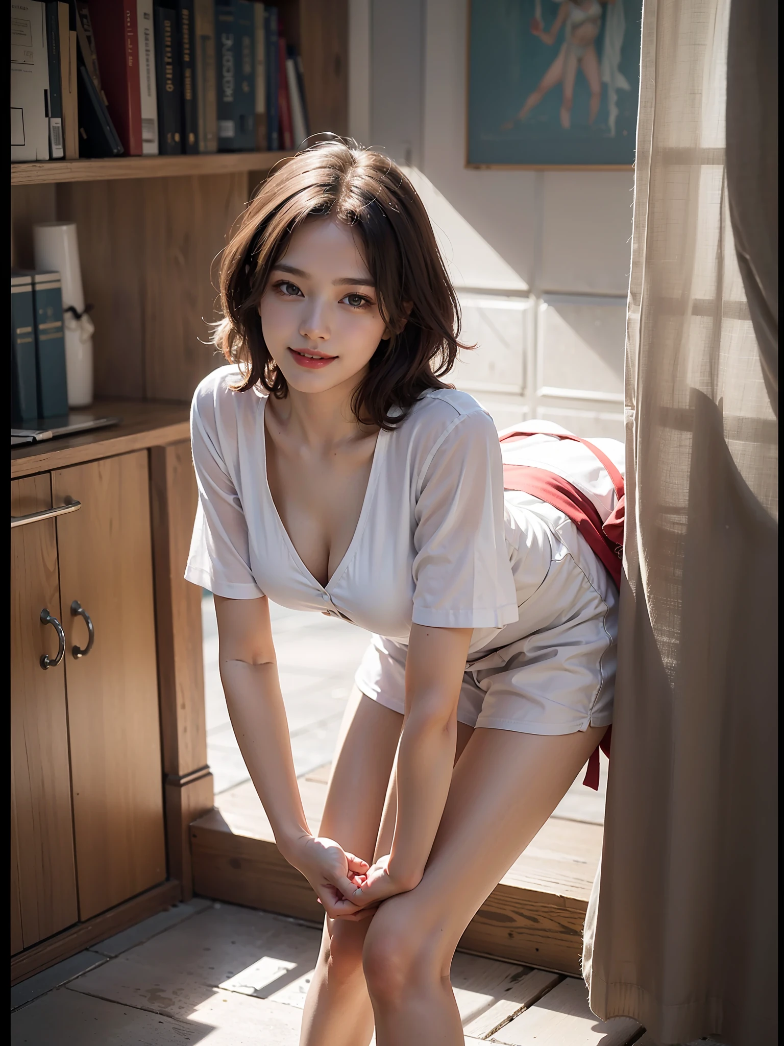 Max Quality, Obra-prima, ultra-high res, photot-REALISTIC, 1girl, , smilling face,full_body, extremely detailed body, Delicate arms and hands, medium_breasts, , very precise detailed, absurdres,leaning forward,white shirt