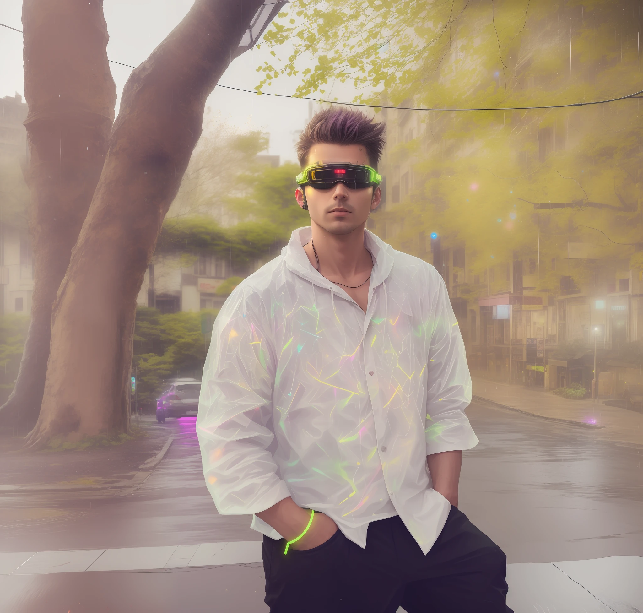An award winning master piece photo of a cyborg man with psychedelic colors standing in a city street at night in the rain, wearing neon-colored glowing goggles, 8k, (high quality:1.1), (cinematic feeling:1.1), dark deep shadows, incredibly intricate detailing, art , (up close:1.1), from above, looking at viewer, (light sparkles:1.1), (chromatic aberration,:1.2) background with floating light artifacts