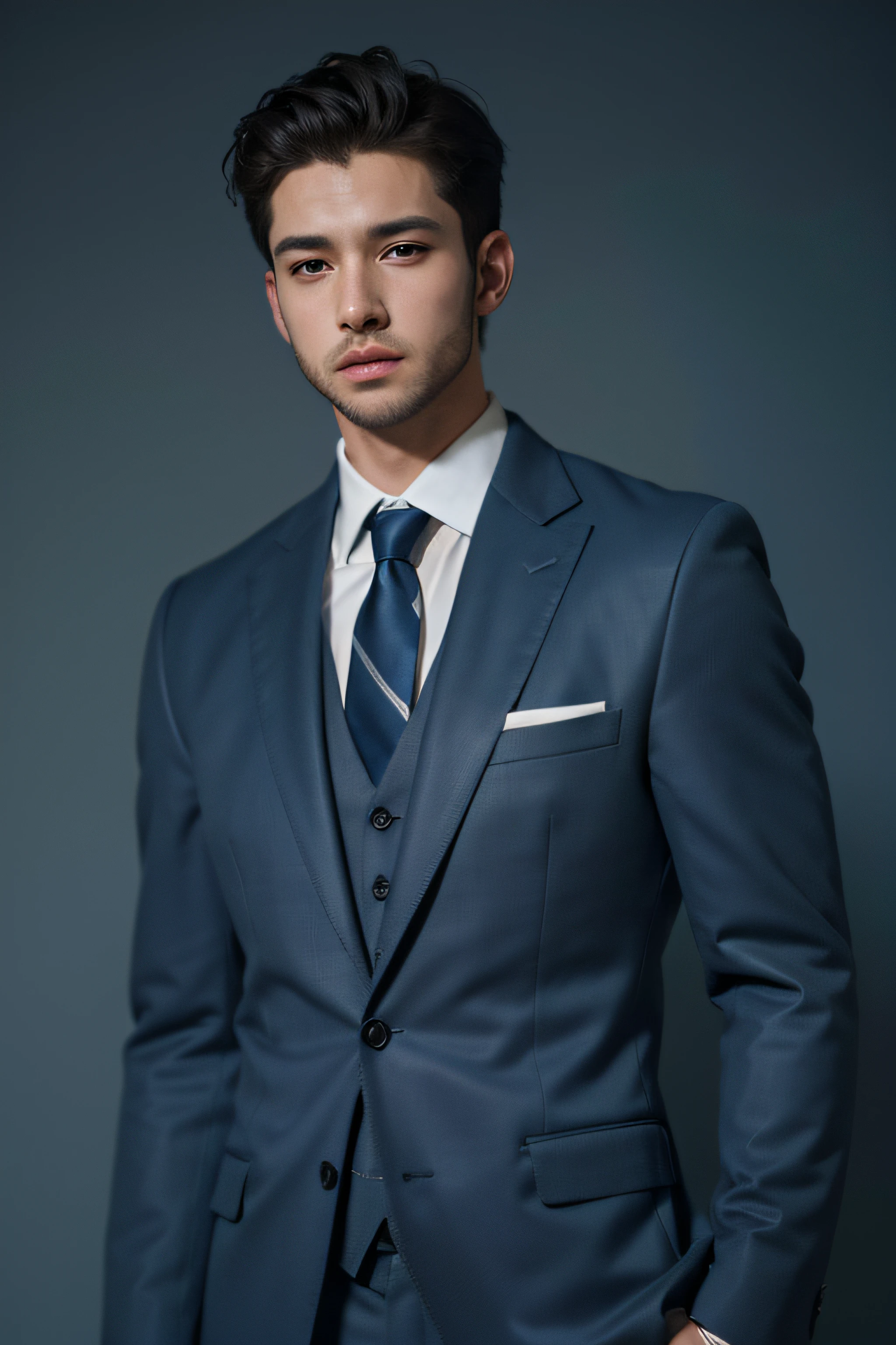 ((Realistic lighting, Masterpiece: 1.3)), (raw photo:1.2), A handsome boy wearing a dark blue luxury suit, Best quality, 8K, professional photography, modern living room background