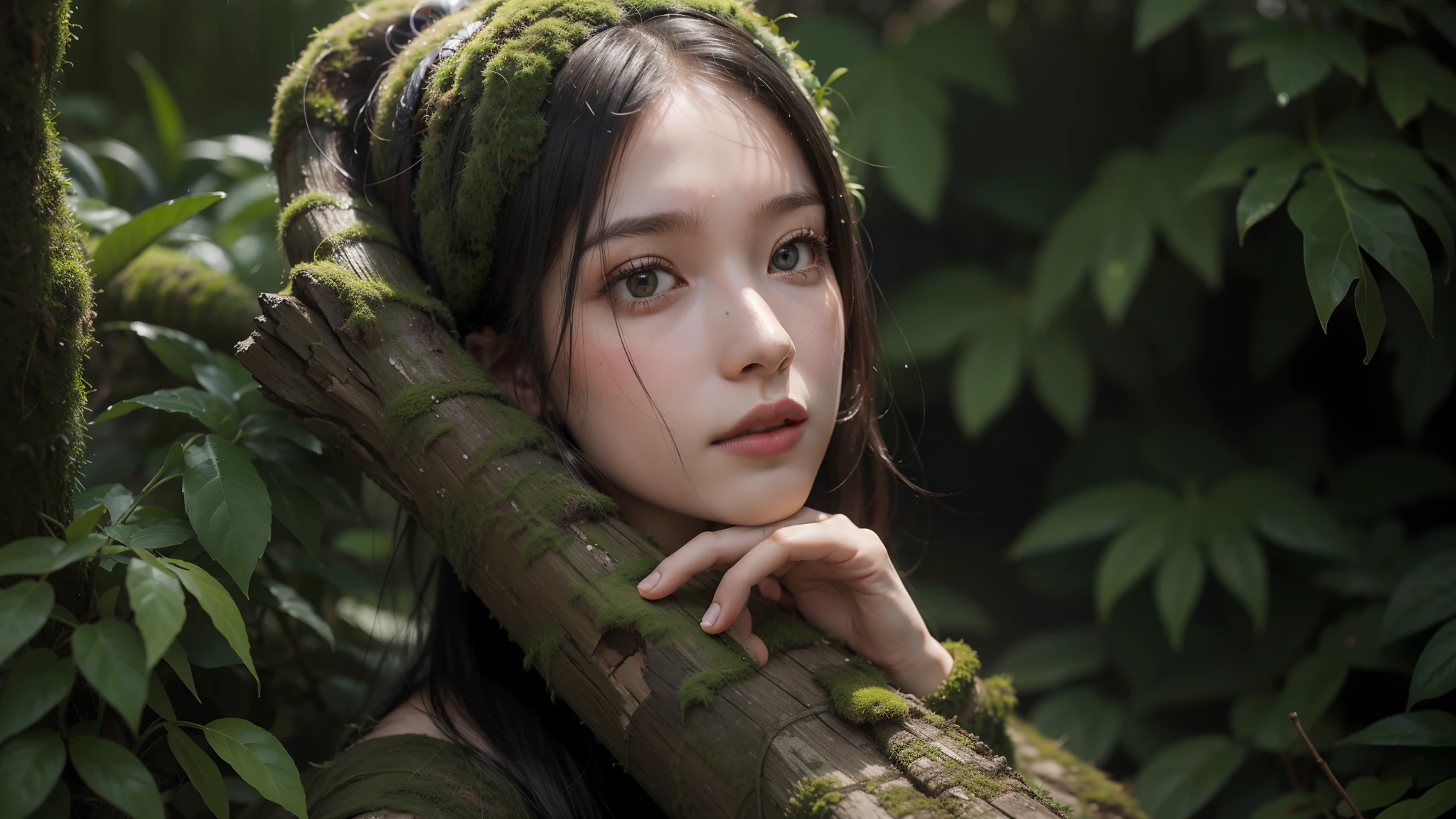 all the head in the moss, the background of the forest, the rain