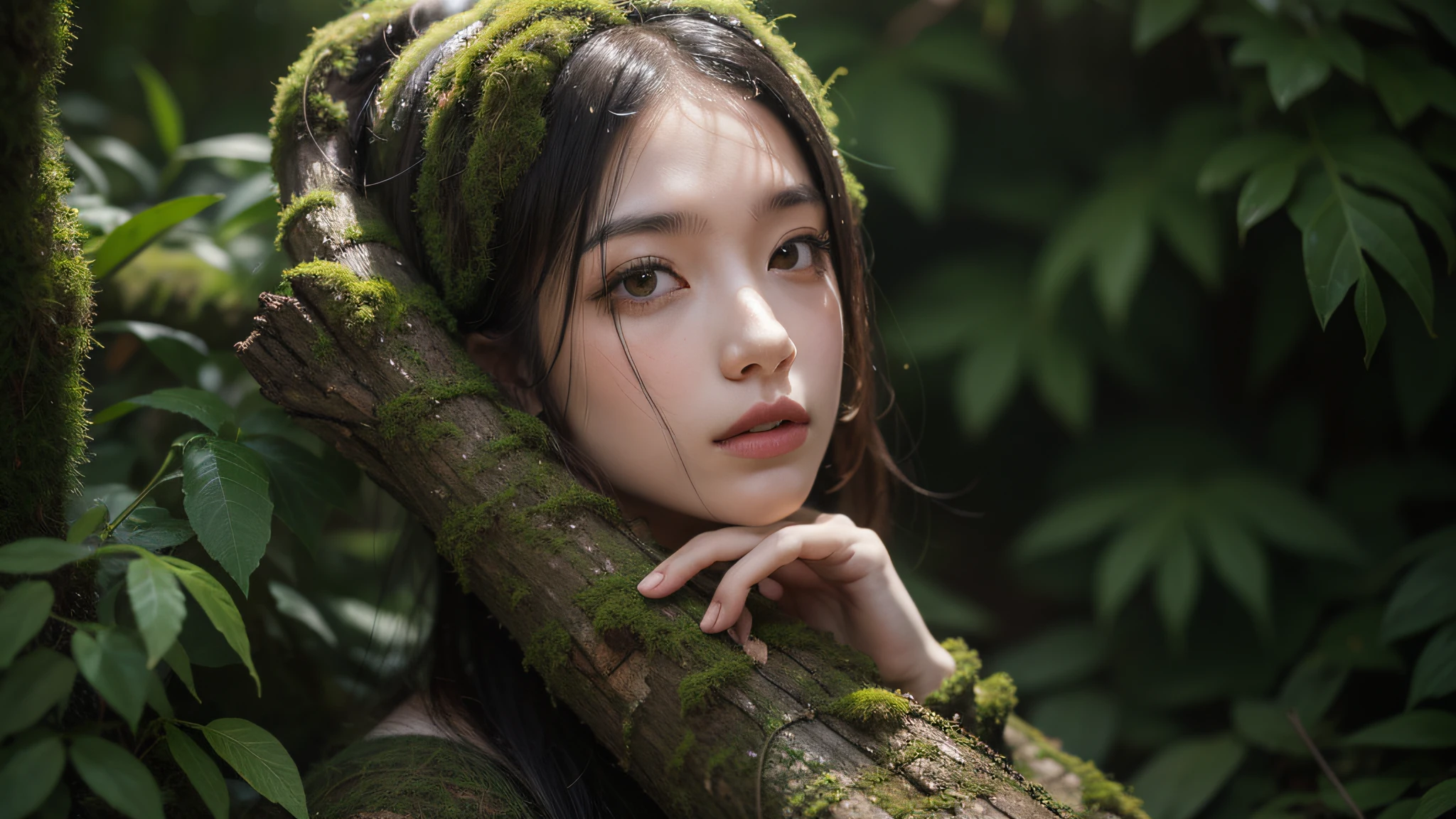all the head in the moss, the background of the forest, the rain
