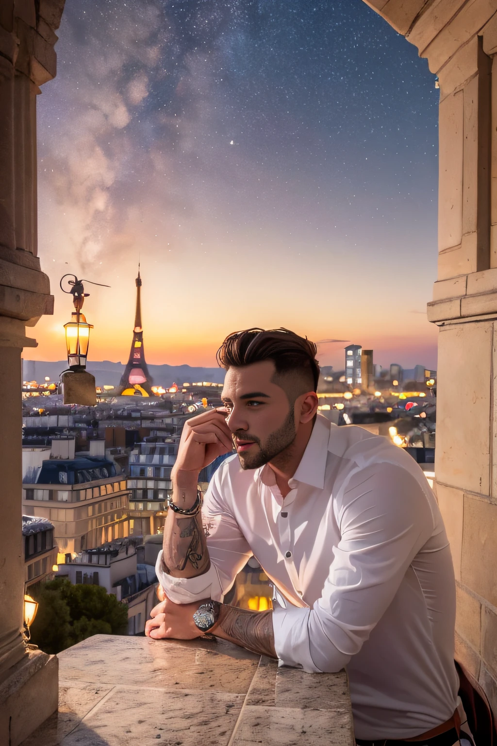 obra de arte. hombre guapo con pelo (rubio). vestida con (smoking). de noche con luna llena.de pie en una roca sobre unas bonitas vistas de paris. fotorealista, hiperdetallado,high quality,8k