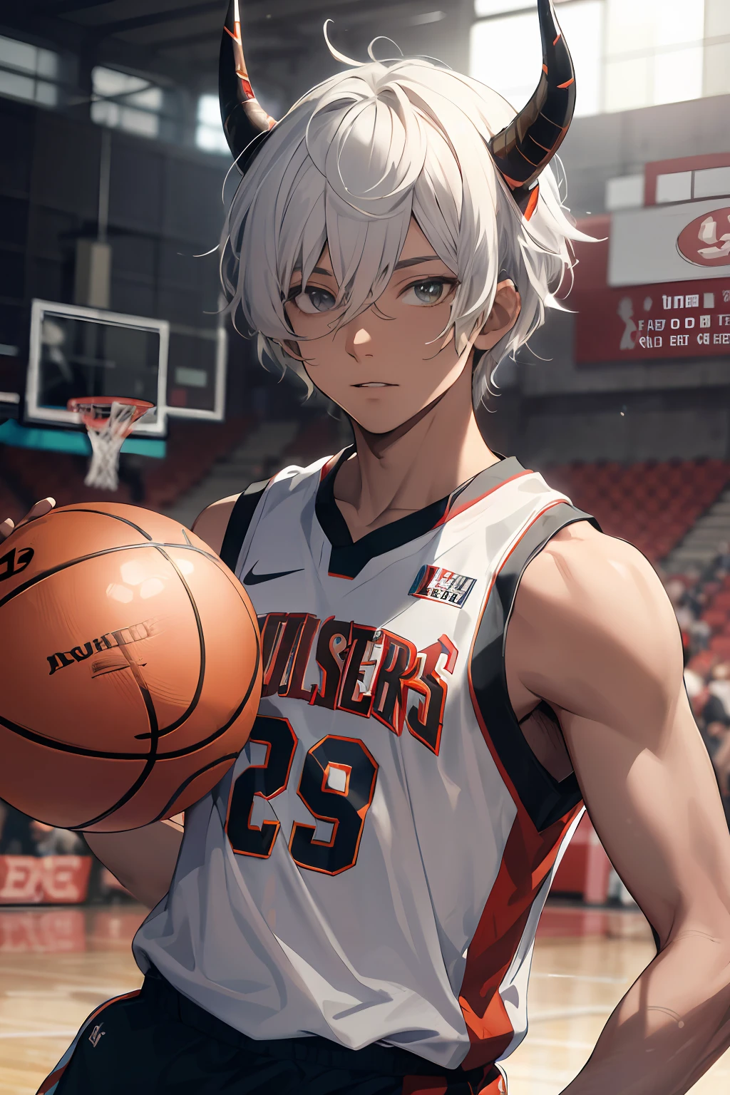 absurds，Hi-Res，Ultra-DETAILED，official arts，Unified 8k wallpapers，Ultra-DETAILED，Beauty and aesthetics，Obra-prima，best qality，short white colored hair，Dark skin，There are horns on the head，Cute and handsome boy，Wear a basketball jersey，Exercise Field