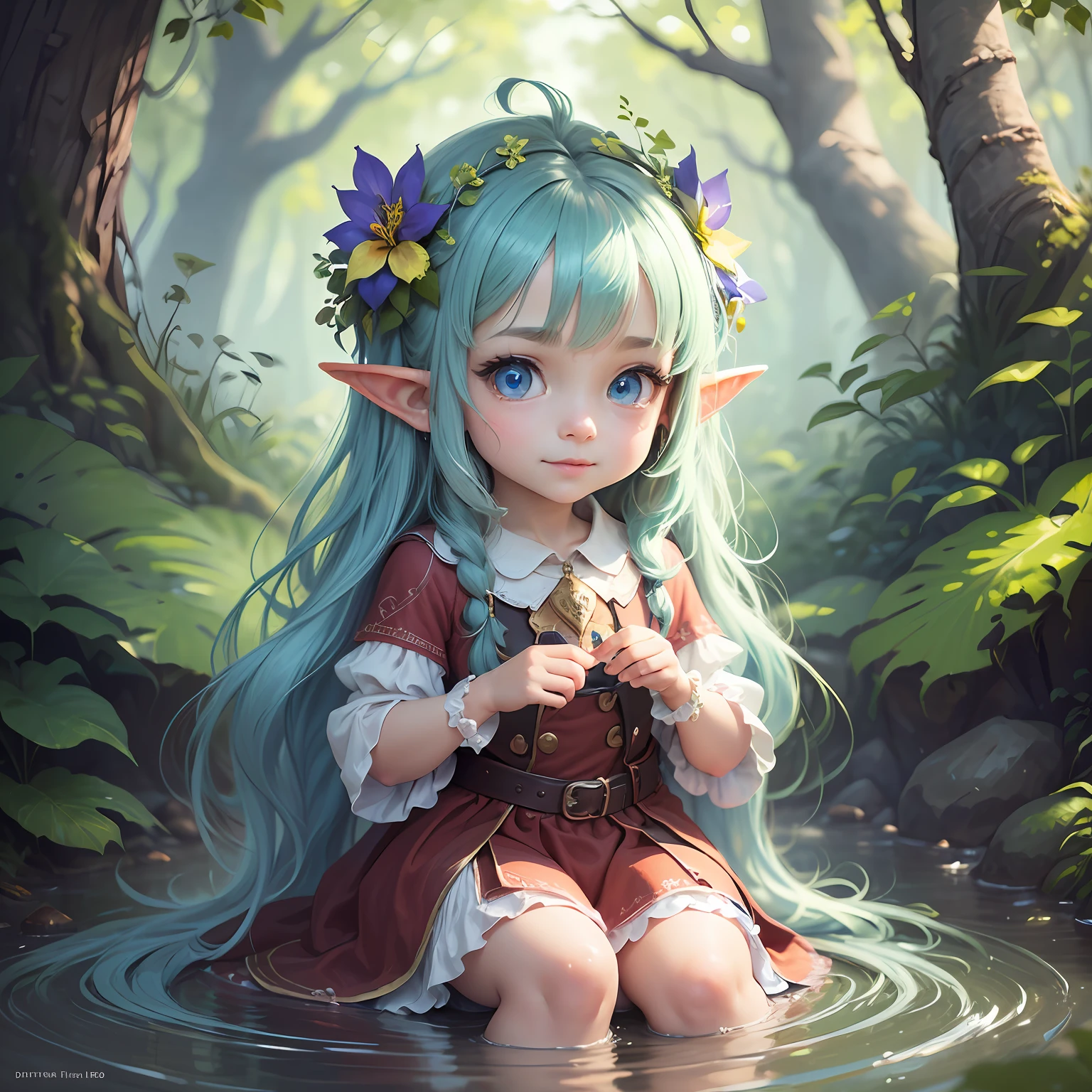 a colorful, sharp and vibrant enchanted forest with a little stream (adorable digital painting, cute detailed digital art). Add on the right Lilly (little elf girl 6 year's old with big and sweet blue eyes, long blue hair, cute face, adorable digital painting, portrait of very beautiful elf, cute detailed digital art, with a sly look and a very mischievous expression) in very little size. --auto --s2