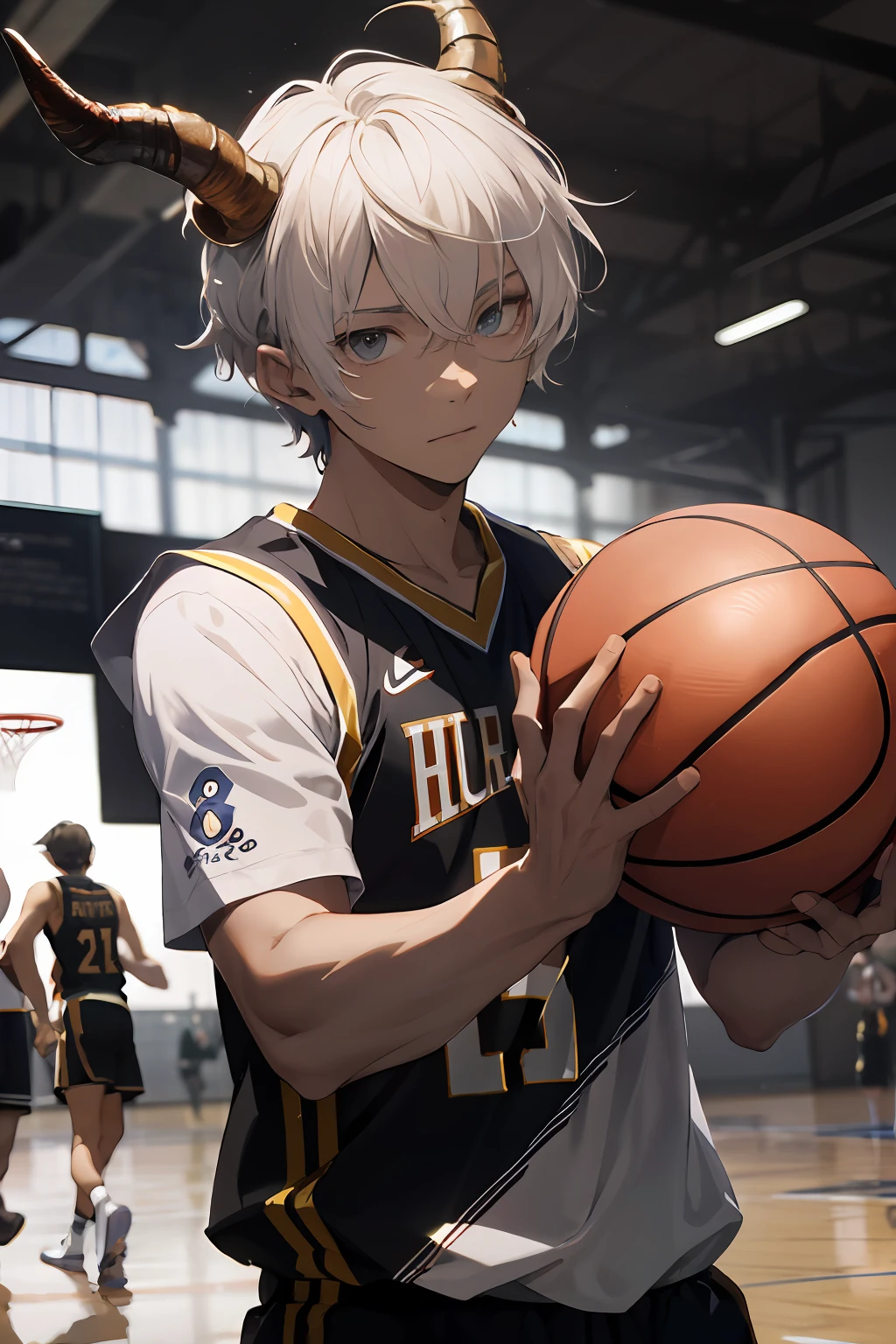 absurds,Hi-Res,Ultra-DETAILED,official arts,Unified 8k wallpapers,Ultra-DETAILED,Beauty and aesthetics,Obra-prima,best qality,short white colored hair,Dark skin,There are horns on the head,Cute and handsome boy,Wear a basketball jersey,Exercise Field