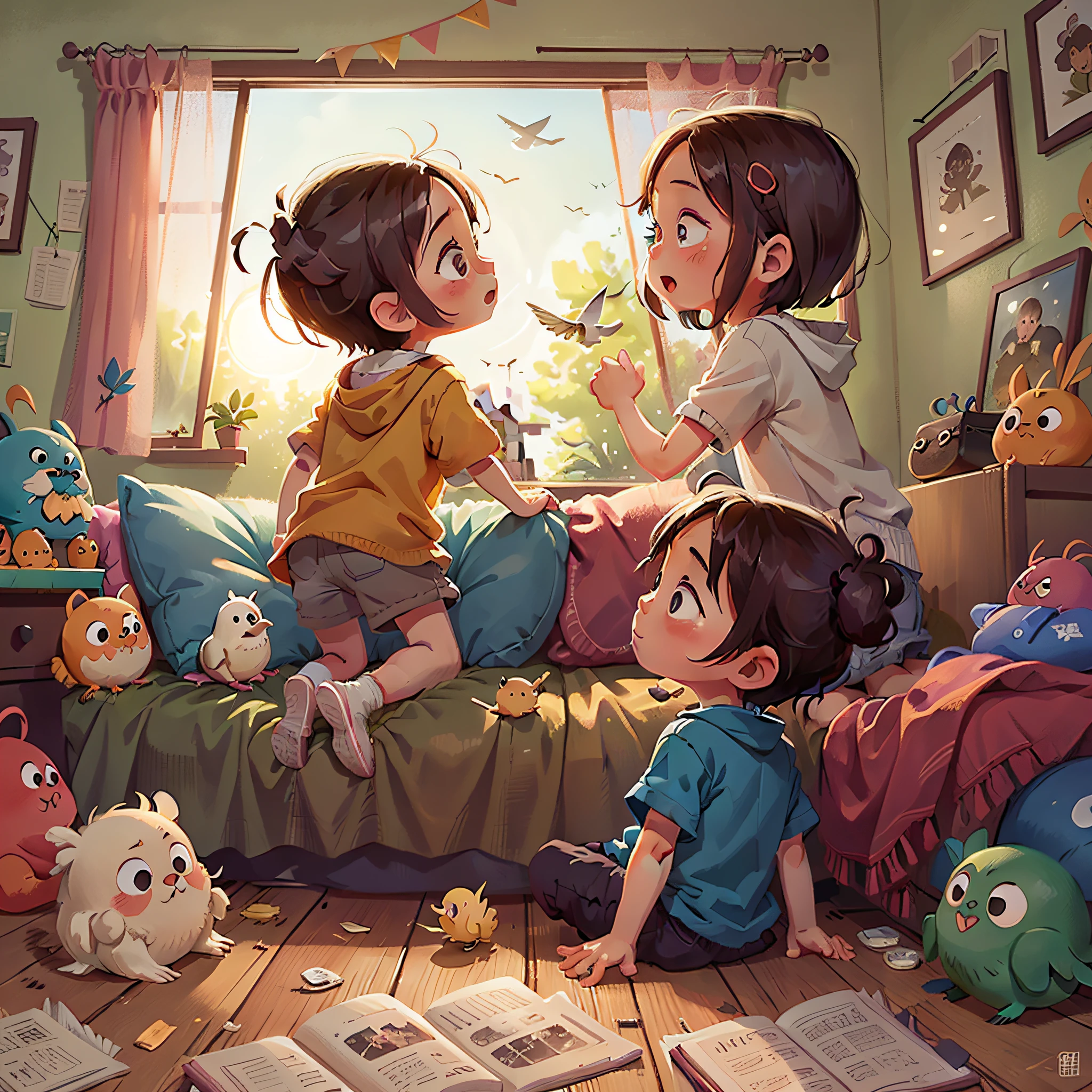 A child gets up from the futon、It is a picture looking out the window。Sunrise、It's a bright morning with birds chirping。Children、Looking out the window、「What should I do today??」We believe that。