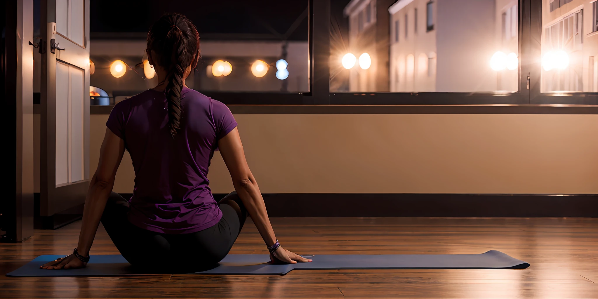 Back view full body photo of a woman practicing yoga poses. shot on canon 5D Mark IV with canon 16-35mm lens, cinematic lighting, Wes Anderson style, ultra detailed, night, haze, high resolution, perfect composition--ar 3:2