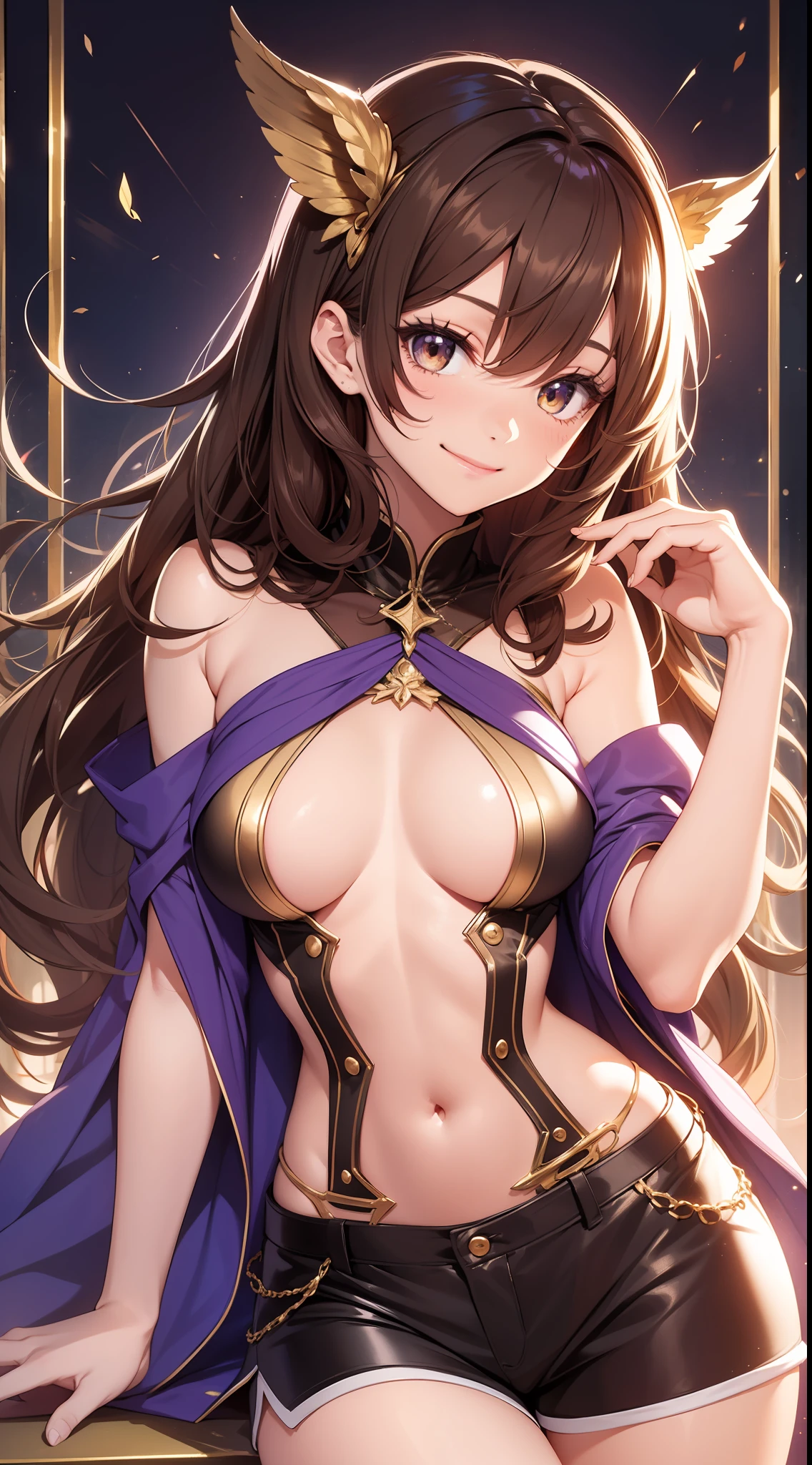 A young girl, long Brown hair, golden eyes, Summer robe, purple sleeveless top, Shorts, open abdomen, inner boob, smile, masterpiece, high-quality