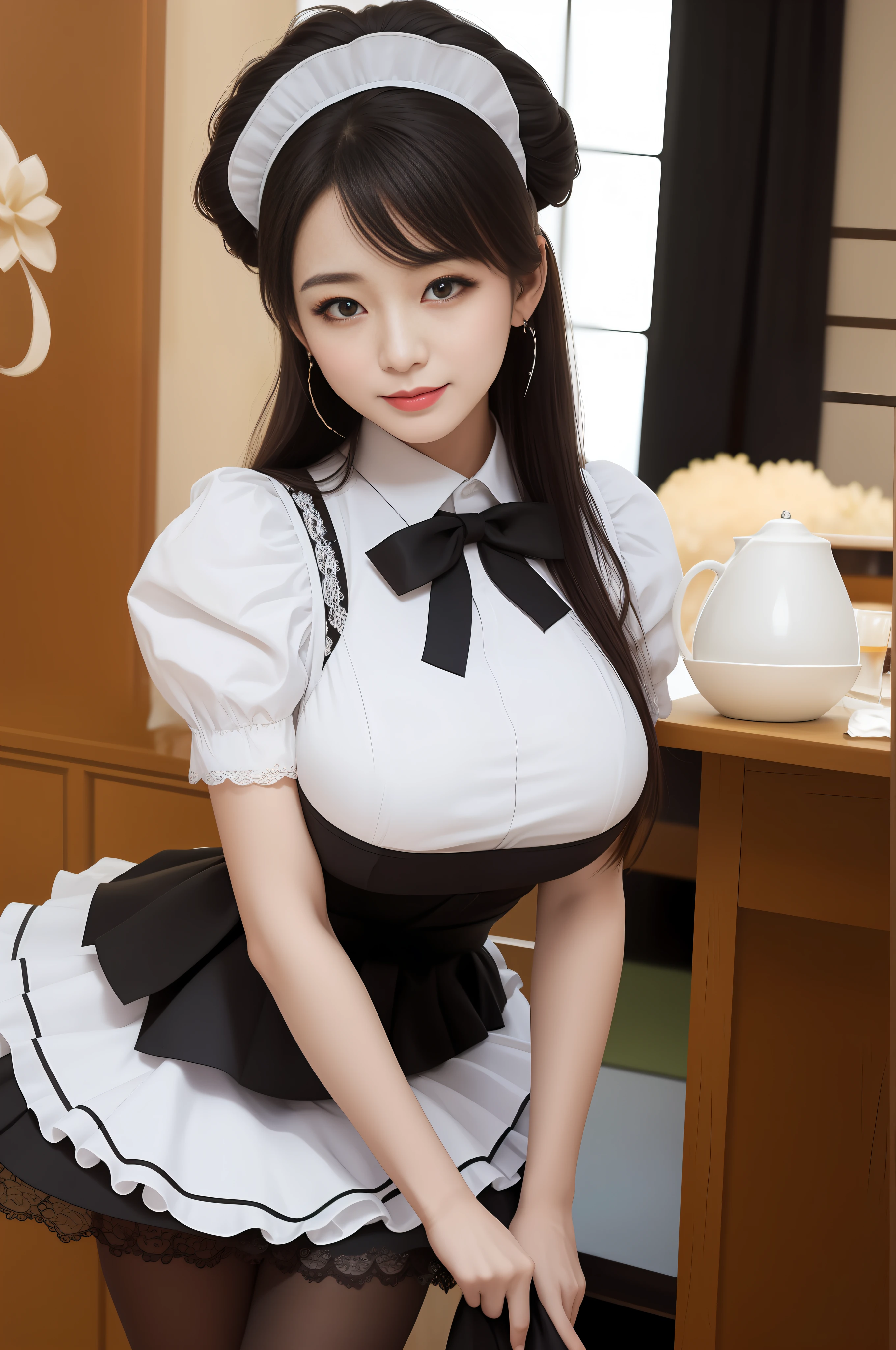 in the cleavage、Red Rouge、miniskirts、Absolute Area、Vivid Color、Sexy woman、Seductio、pantyhose、Lace、Huge Boobs、frilled skirt、sexy facial expressions、an earring、Maid outfit、Gorgeous Maid、goddess of Japan、japanese maid cafe、