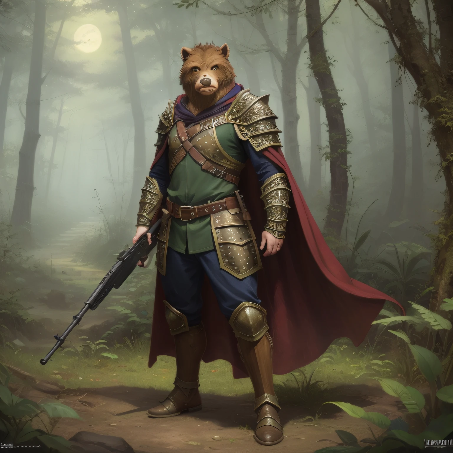 concept art (masterpiece:1.5), full body intricate details, highly detailed, photorealistic, best quality, highres, portrait of a male, bugbear(fantasy art, Masterpiece, best quality) bugbear,(fantasy art, Masterpiece, best quality) ranger, with a short brown hair, green eyes, (fantasy art, Masterpiece, best quality)armed a gun, wearing a green cloak and studded leather armor (intricate details) in fantasy setting forest at night,