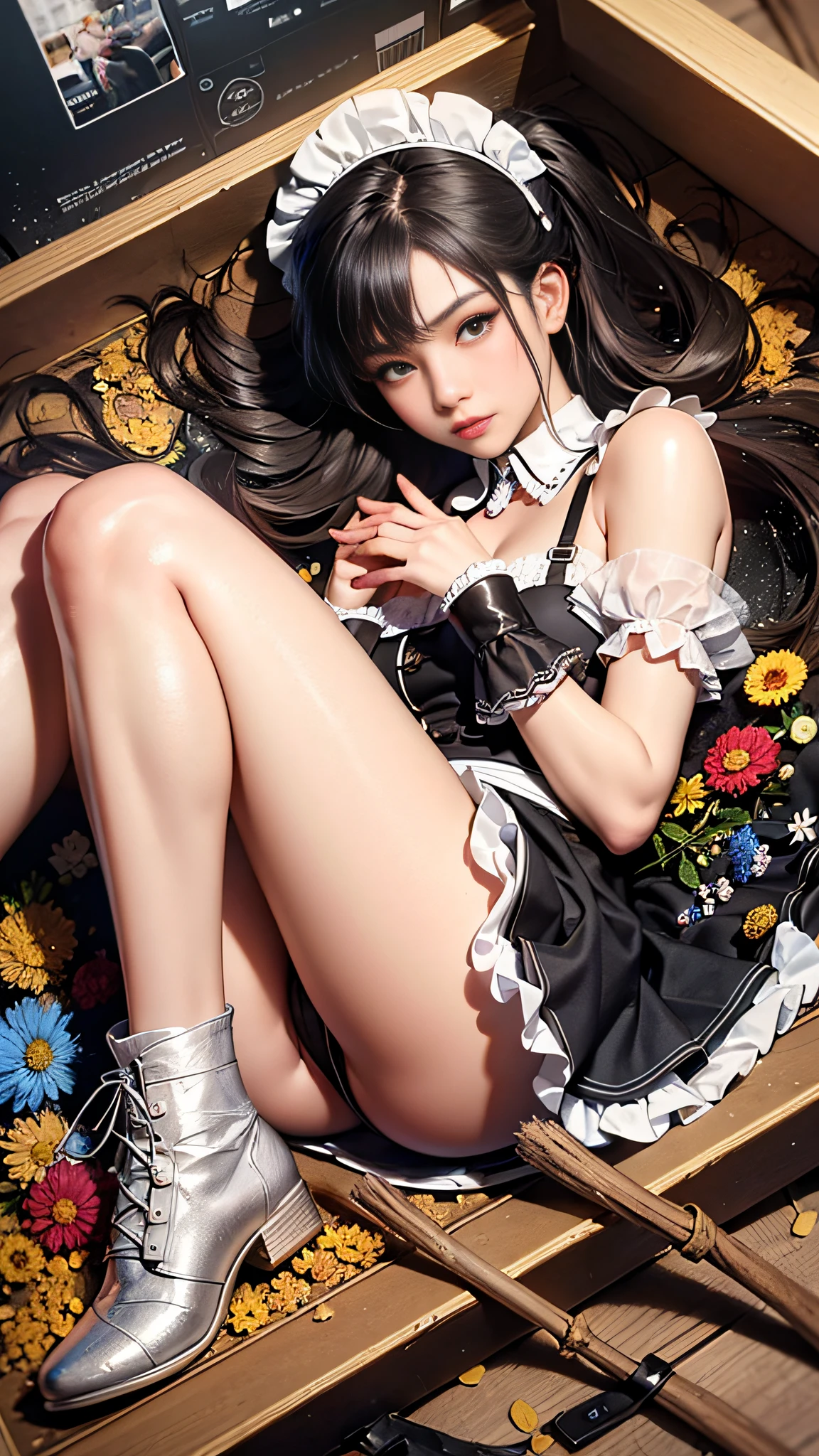 (Brown double ponytail,with long hair, a black miniskirt maid curled up and lying in the box:1.5),Girl in a courier box,(Top-down view:1.3),knee up,Bend your legs,FULLBODY,Maid costume,Maid Headdress (Long legs:1.3),(Obra-prima),(best qality),PhotoRealistic,Movie light,Cool pose,perfectbody,broom