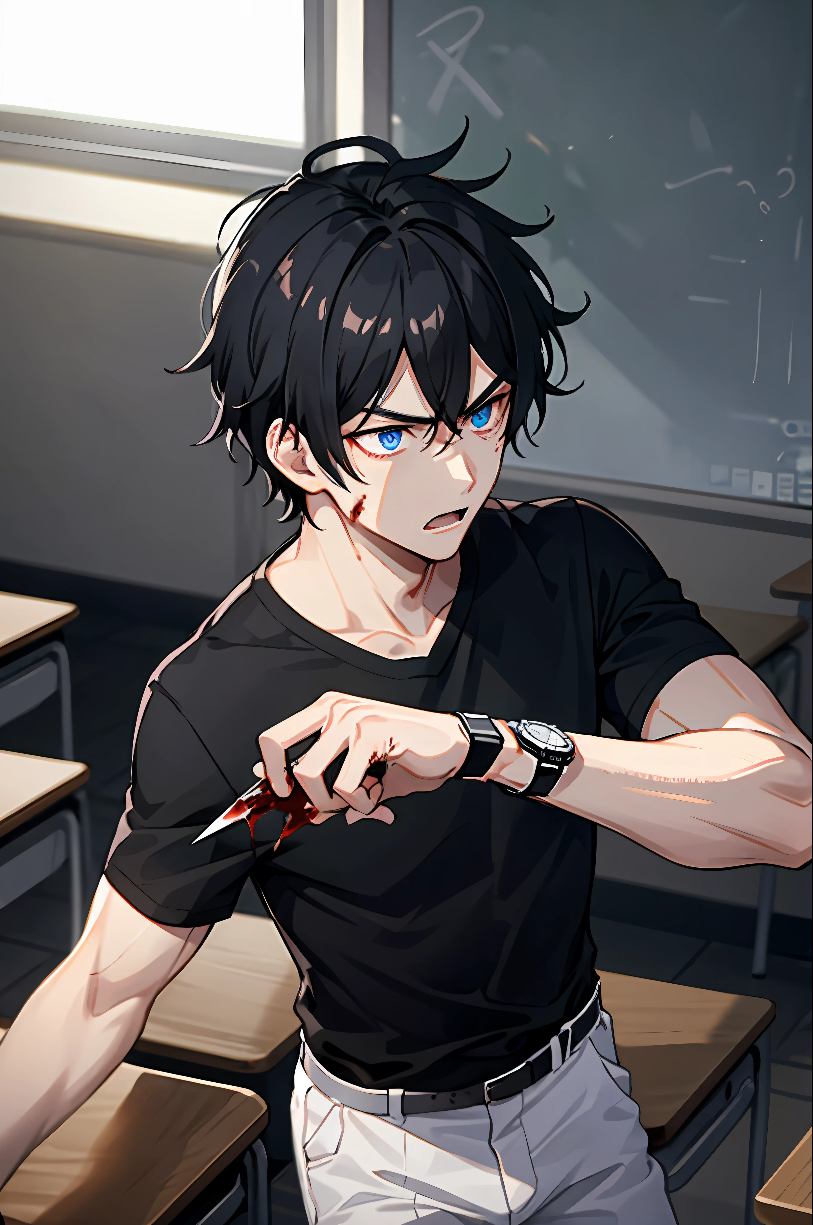 1boys,black color hair,Black shirt,blueeyes,slacks,Camisa,White pants,watches,Messy hair, 8k Resolution, Classrooms,Dilapidated classrooms,Fierce,With a knife in his hand,fierce look,There is blood on the face,