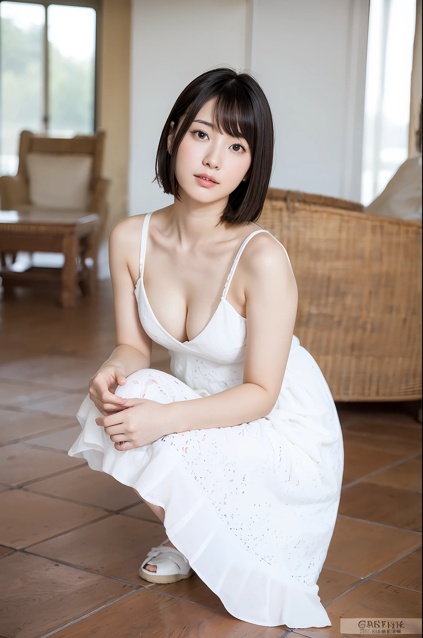 Woman in white dress sits on the floor, Yoshitomo Nara, Young sensual gravure idol, young pretty gravure idol, realistic young gravure idol, young gravure idol, sophisticated gravure idol, portrait of Mayuri Shiina, Ayami Kojima, Ayami Kojima, beautiful asian woman sitting