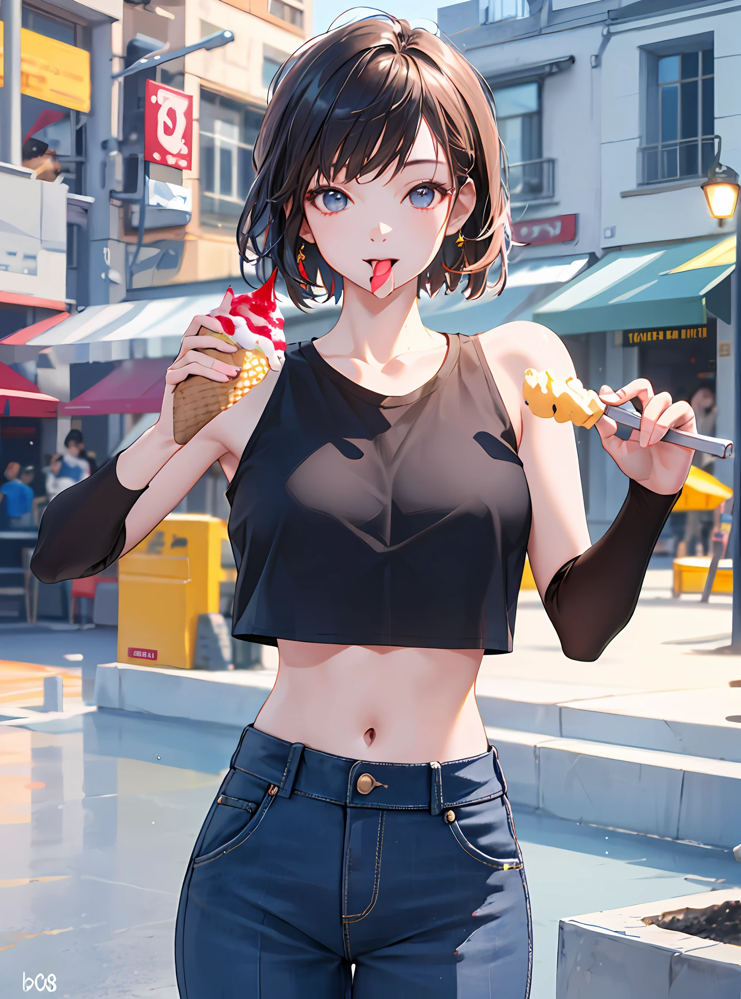 best quality, masterpiece, ultra high res, 8K, raw, (photo realistic:1.4), professional lighting, sharp focus, 1 girl, (detailed background:1.5), slender, day time, detailed clothes, crop_top, wide pants, holding, food, tongue, eating, licking, ice cream, ice cream cone,