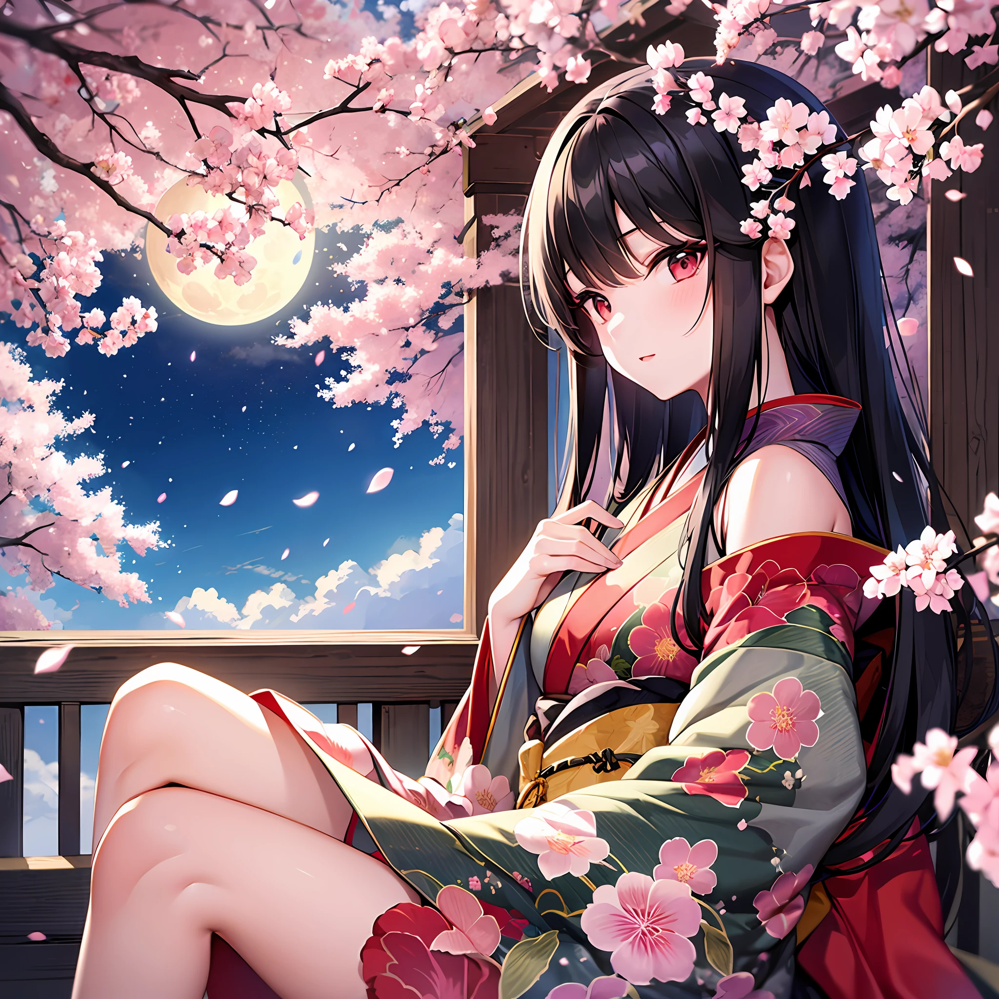 One girl with black hair、Red Eyes、kimono ,、Shoulders are protruding、Sitting、Moon and cherry blossoms