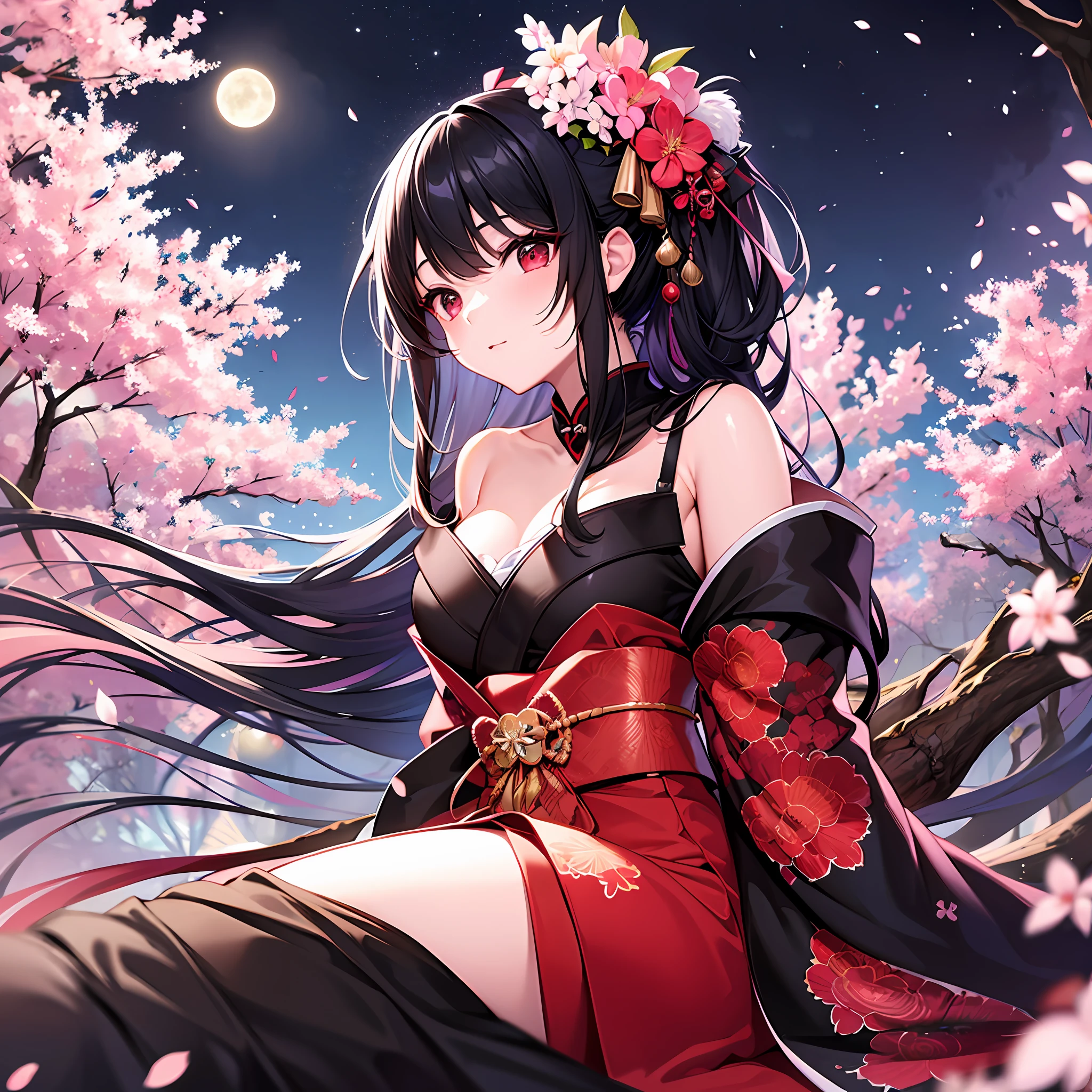 One girl with black hair、Red Eyes、kimono ,、Shoulders are protruding、Sitting、Moon and cherry blossoms
