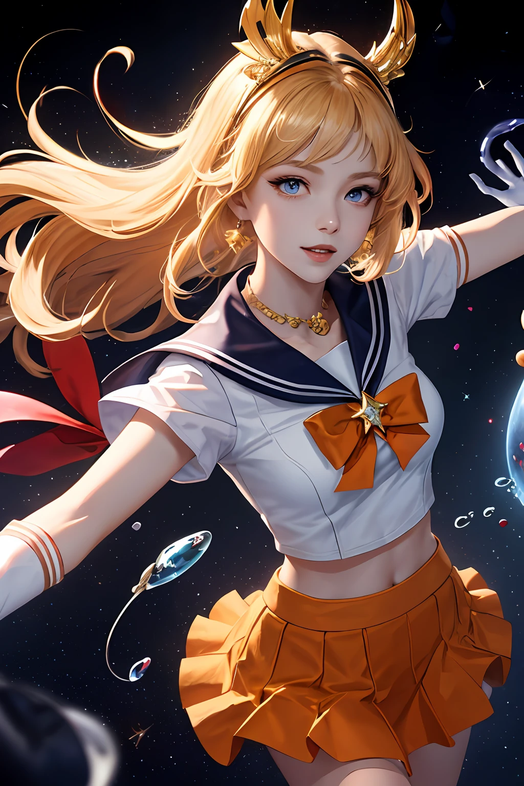 (Obra-prima,best qality;1.3),Sailor Senshi Uniform,Extremely Detailed CG,Ultra-DETAILED,1girle,solo,Sorrisos,looking at the viewers,Stylish Ungle,Long blonde hair,blueeyes,
SV1,Orange skirt,Elbow Gloves,headpieces,ORANGE SAILOR COLLAR,red bow,Orange necklace,up of white gloves,jewellery,Seen from above,Depicts a group of characters in various action scenes,
dynamicpose, Face Focus, Venus, tornado,,, Abstract Background, Heartstorm, Hart beam, Heart bubbles, Halt Star,Heart lamp, The world of the heart, Heart background, galaxy background, Heart aura,