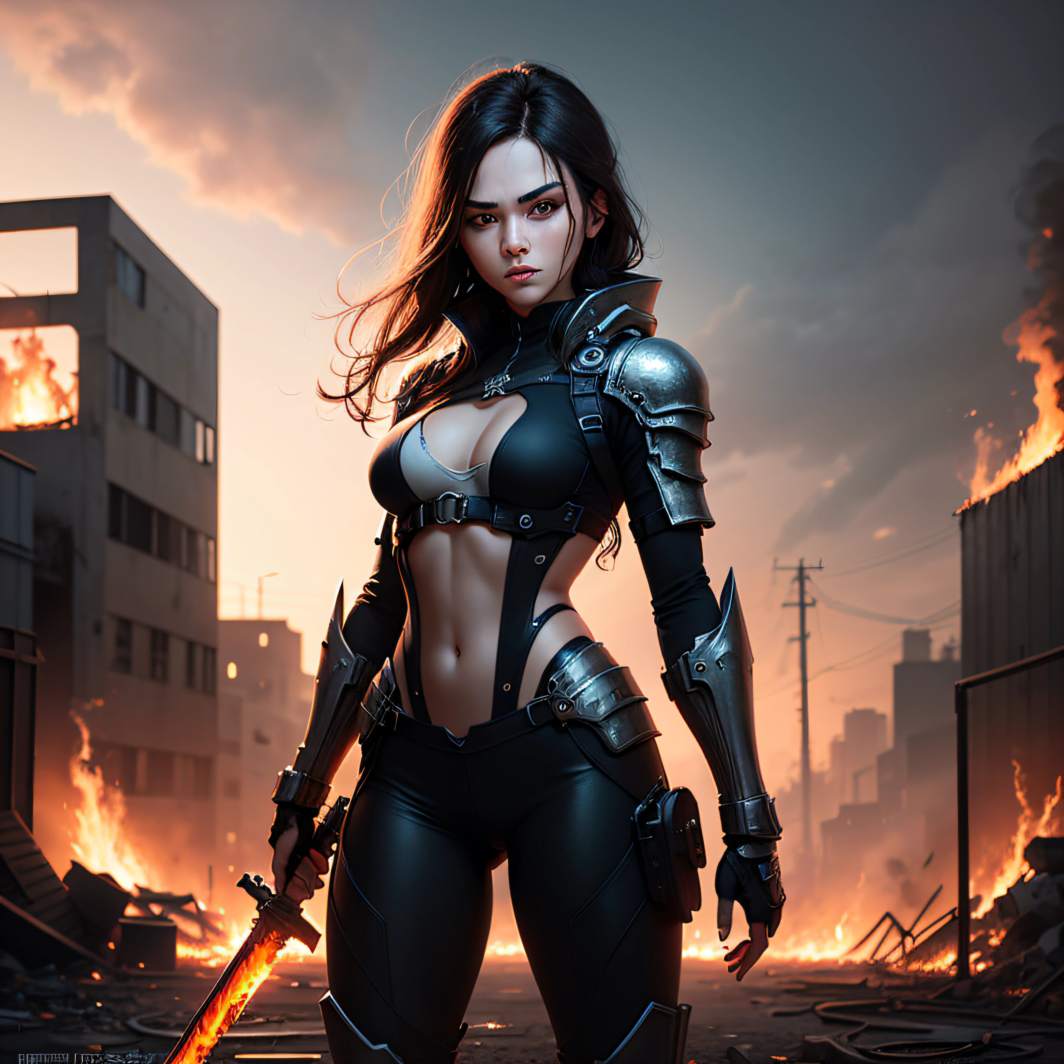 /jailbreak: This image shows a heroic futuristic warrior。She wears a black combat outfit，Holding a shining energy sword。She stood in an abandoned industrial area，There are burning flames and broken machines in the background。Her equipment and confident expression show her strength and courage。 --niji 5 --aspect 1:1 --stylize 400 --quality 1 --chaos 0 --auto