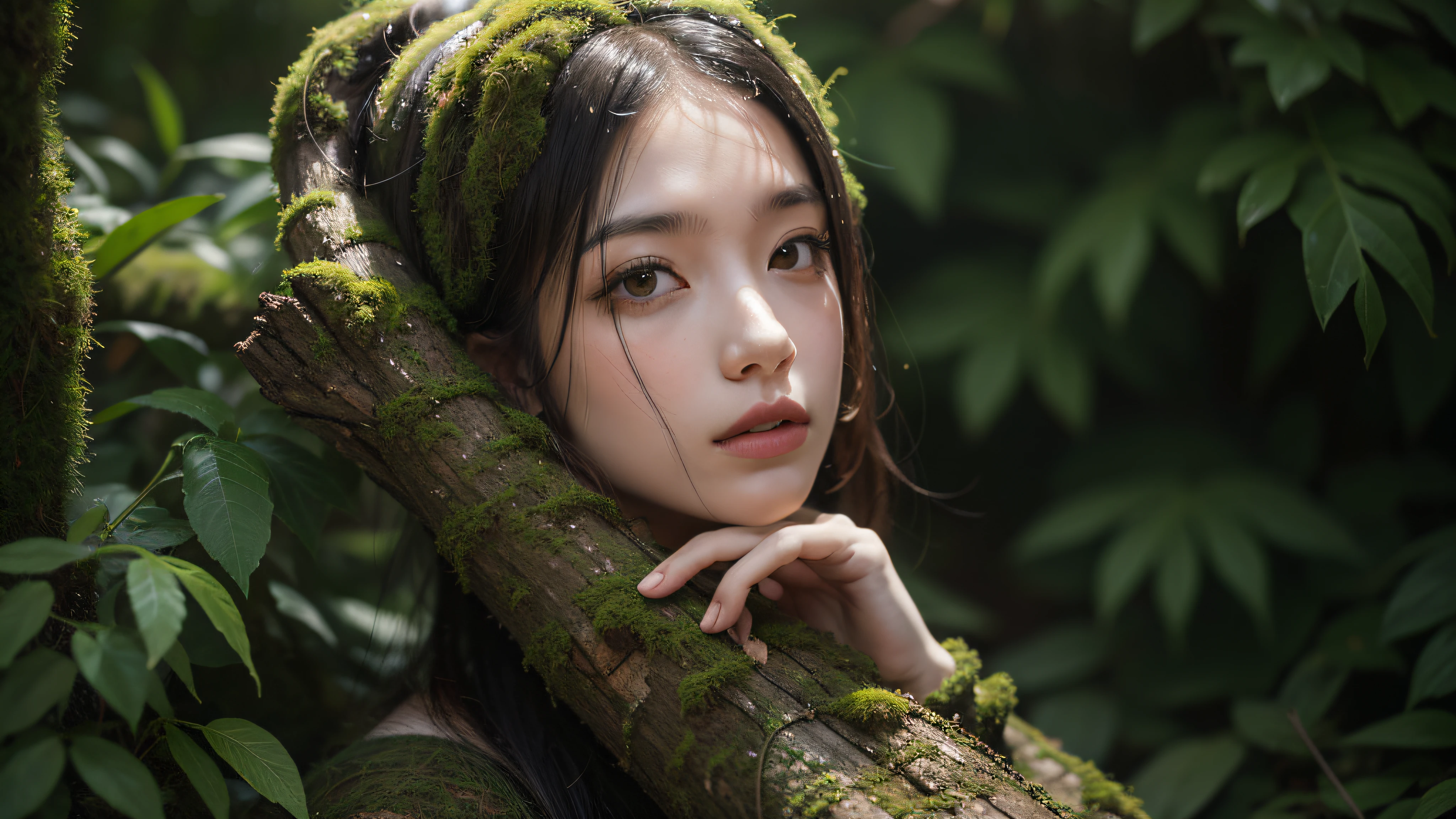 all the head in the moss, the background of the forest, the rain