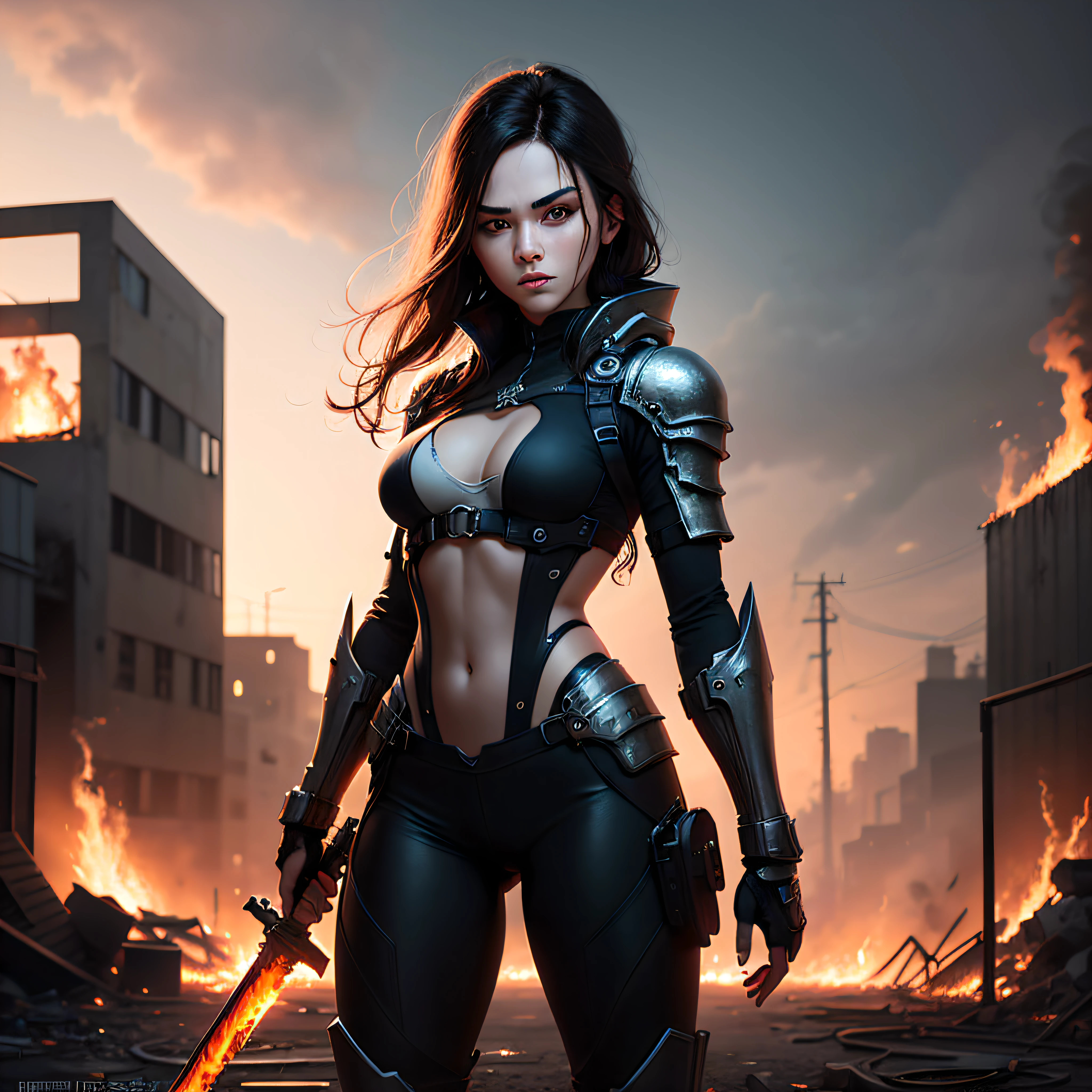 /jailbreak: This image shows a heroic futuristic warrior。She wears a black combat outfit,Holding a shining energy sword。She stood in an abandoned industrial area,There are burning flames and broken machines in the background。Her equipment and confident expression show her strength and courage。 --niji 5 --aspect 1:1 --stylize 400 --quality 1 --chaos 0 --auto