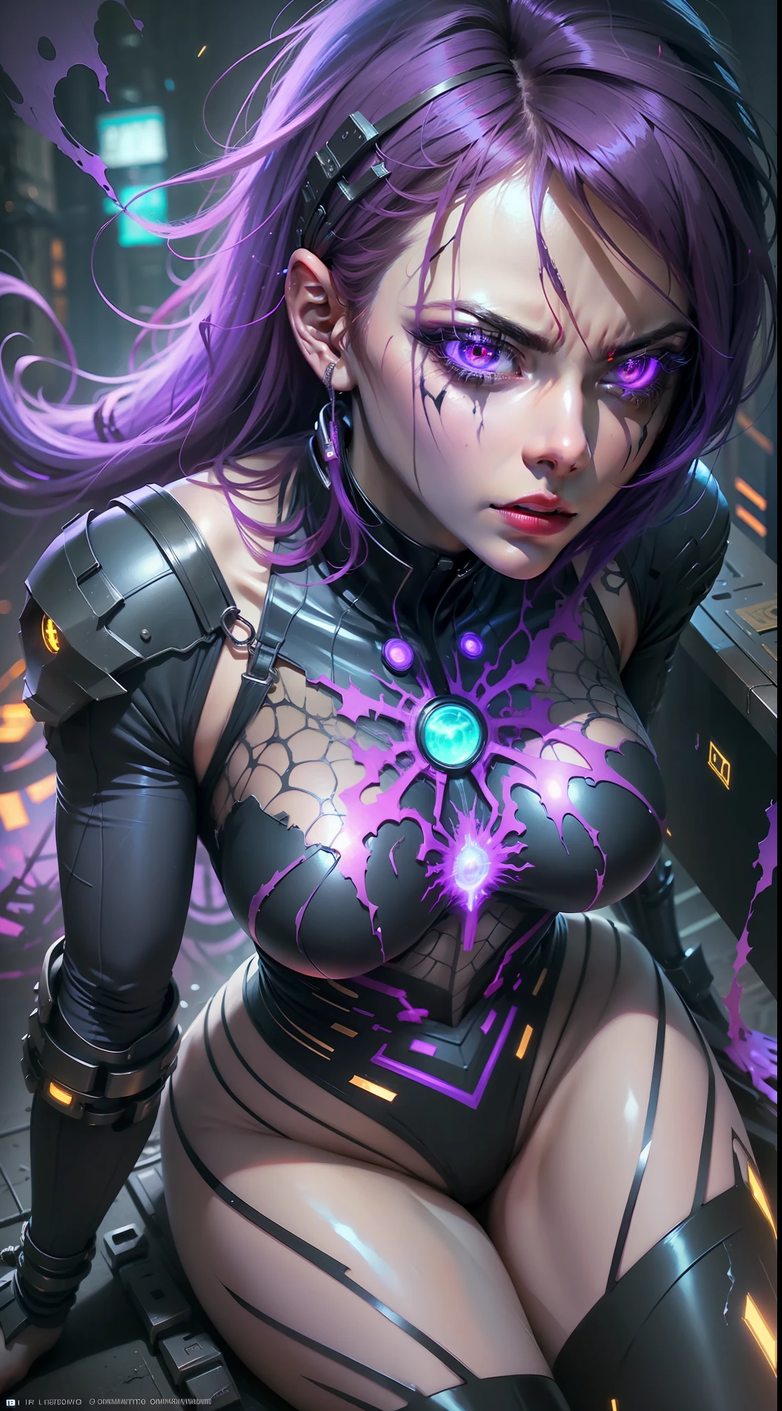 Urban woman in Spider-Man tights, regular breasts, Cyberpunk Style, Neon background, Real face, multicolored hair, evil, despair, expressionless eyes, Ultra-Wide Angle, cinematic lighting, glowing light, from above, best quality, super detail, masterpiece, anatomically correct, 8k
