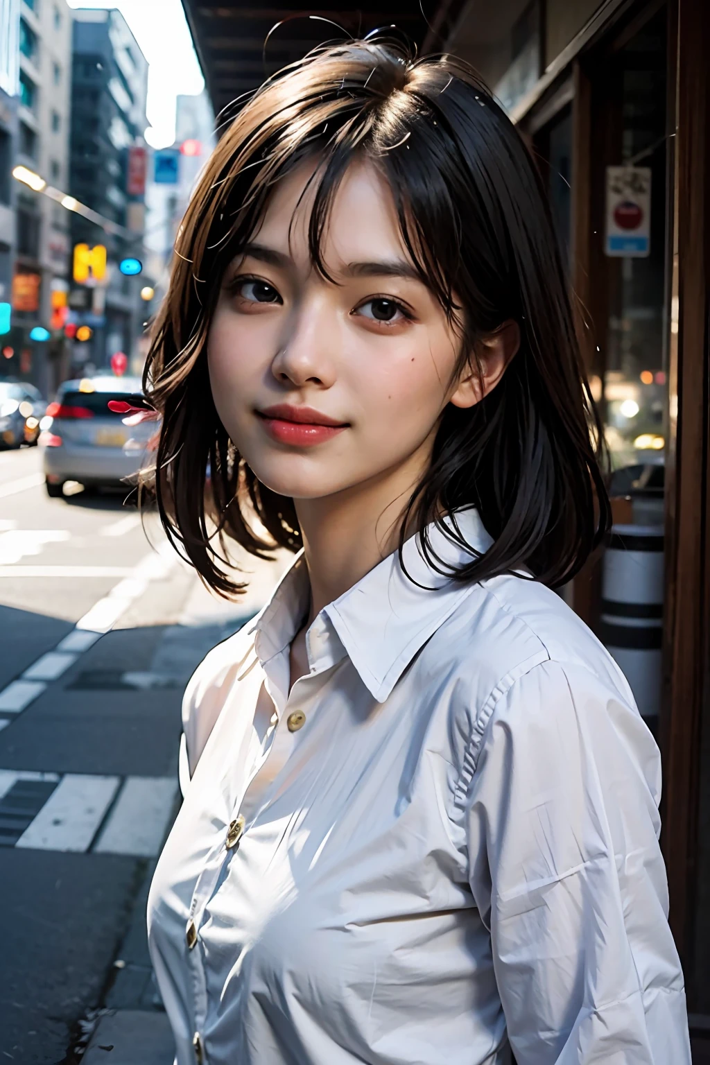 masterpiece, 1 beautiful girl, detailed eyes, puffy eyes, best quality, ultra high definition, (reality: 1.4), original photo, 1Girl, cinematic lighting, smile, Japan, asian beauty, korean, neat atmosphere, super beautiful, little young face, beautiful skin, slender, cyberpunk background, (ultra realistic), (high resolution), (8k), (very detailed), (best illustration) , (beautiful and detailed eyes), (super detailed), (wallpaper), (detailed face), look at the viewer, fine details, detailed face, pureerosfaceace_v1, smile, 46-point diagonal bangs, facing straight ahead, neat clothes, black colored eyes, hair wet in the rain, clothes (fashionable plain folding collar irregular shirt feeling date dress), body facing forward,