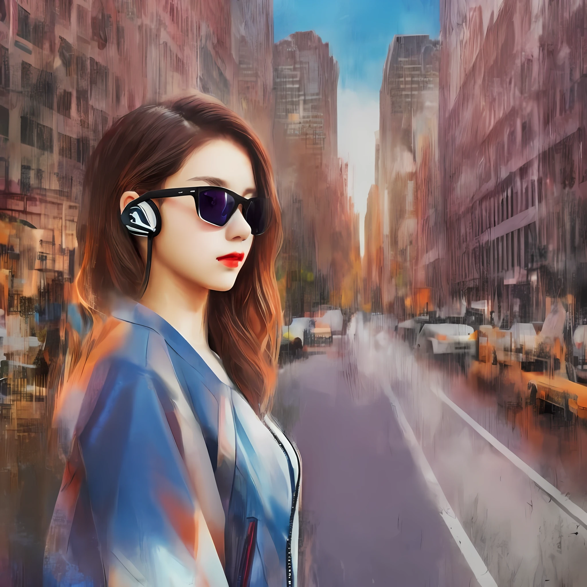 shojo,Fashionable outerwear,street,Assertive,elegence,leather jackets,trenchcoat,overcoat,stylish haircut,eyesgod,Enigmatic,inquisitive,Sunglasses,earphones,busy,din,City view,Stylish and energetic,Focus,personality,taste,Beautiful scenery --auto --s2
