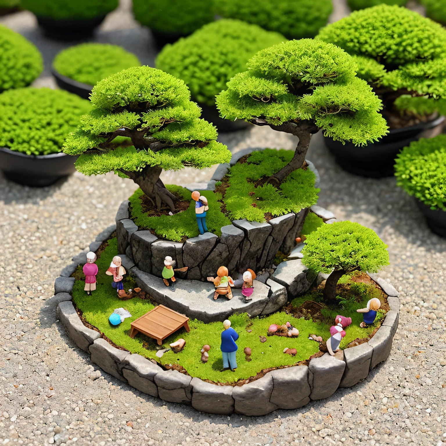 Miniature bonsai landscape with dolls above --auto