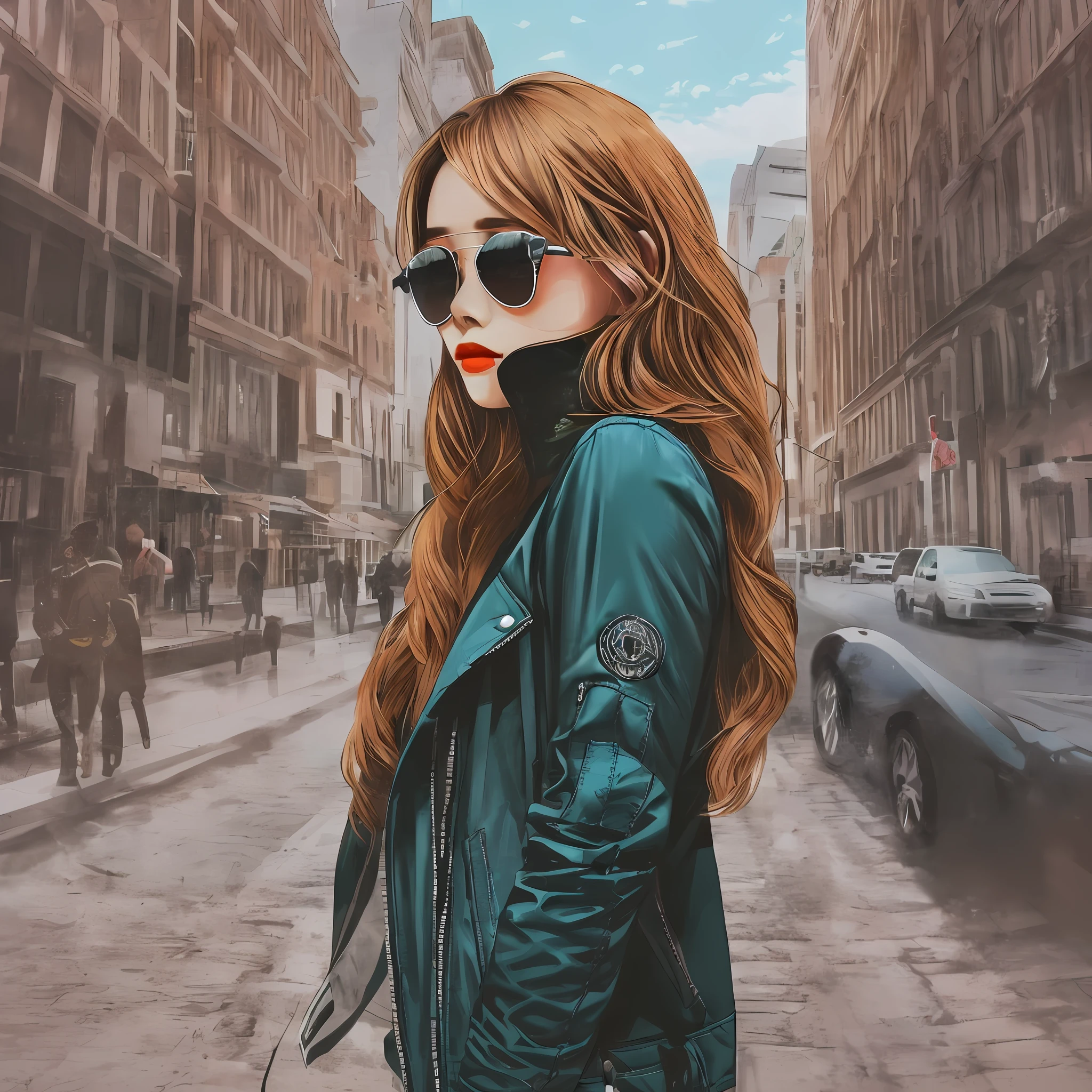 shojo，Fashionable outerwear，street，Assertive，elegence，leather jackets，trenchcoat，overcoat，stylish haircut，eyesgod，Enigmatic，inquisitive，Sunglasses，earphones，busy，din，City view，Stylish and energetic，Focus，personality，taste，Beautiful scenery --auto --s2