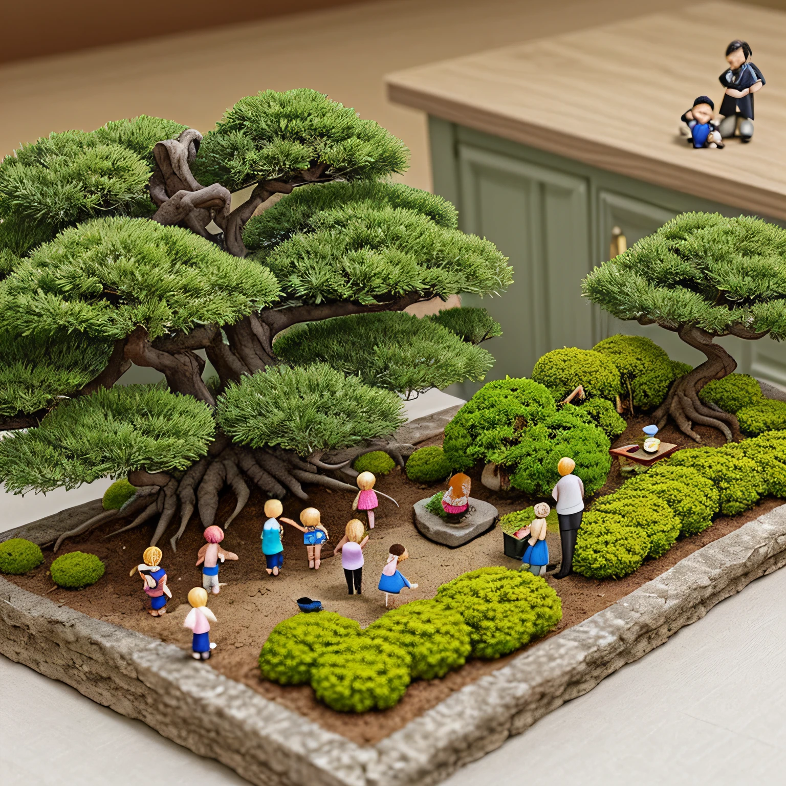 Miniature bonsai landscape with dolls above --auto