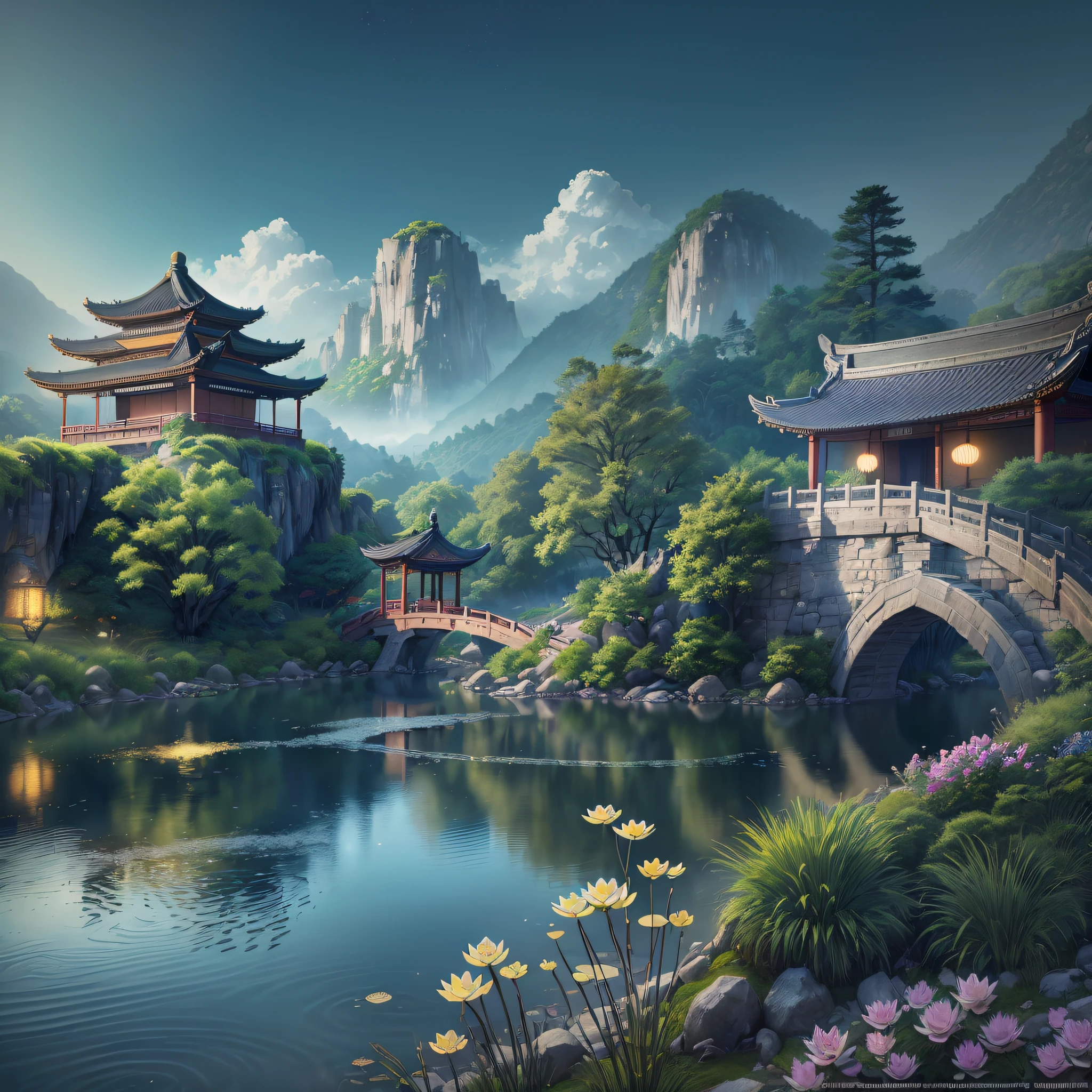 (Beautiful ancient Chinese architecture, moonlight twinkling, lakes at night, shaded by bamboo forests, stone bridge arches, gurgling water, rockery stone paths, blooming water lilies, hot spring water vapor, auspicious moonlight illustration: 1.0), epic composition, super details Realistic, highly realistic lighting, best wallpaper quality, masterpiece. (very detailed CG unity 8k wallpaper) . --auto --v6