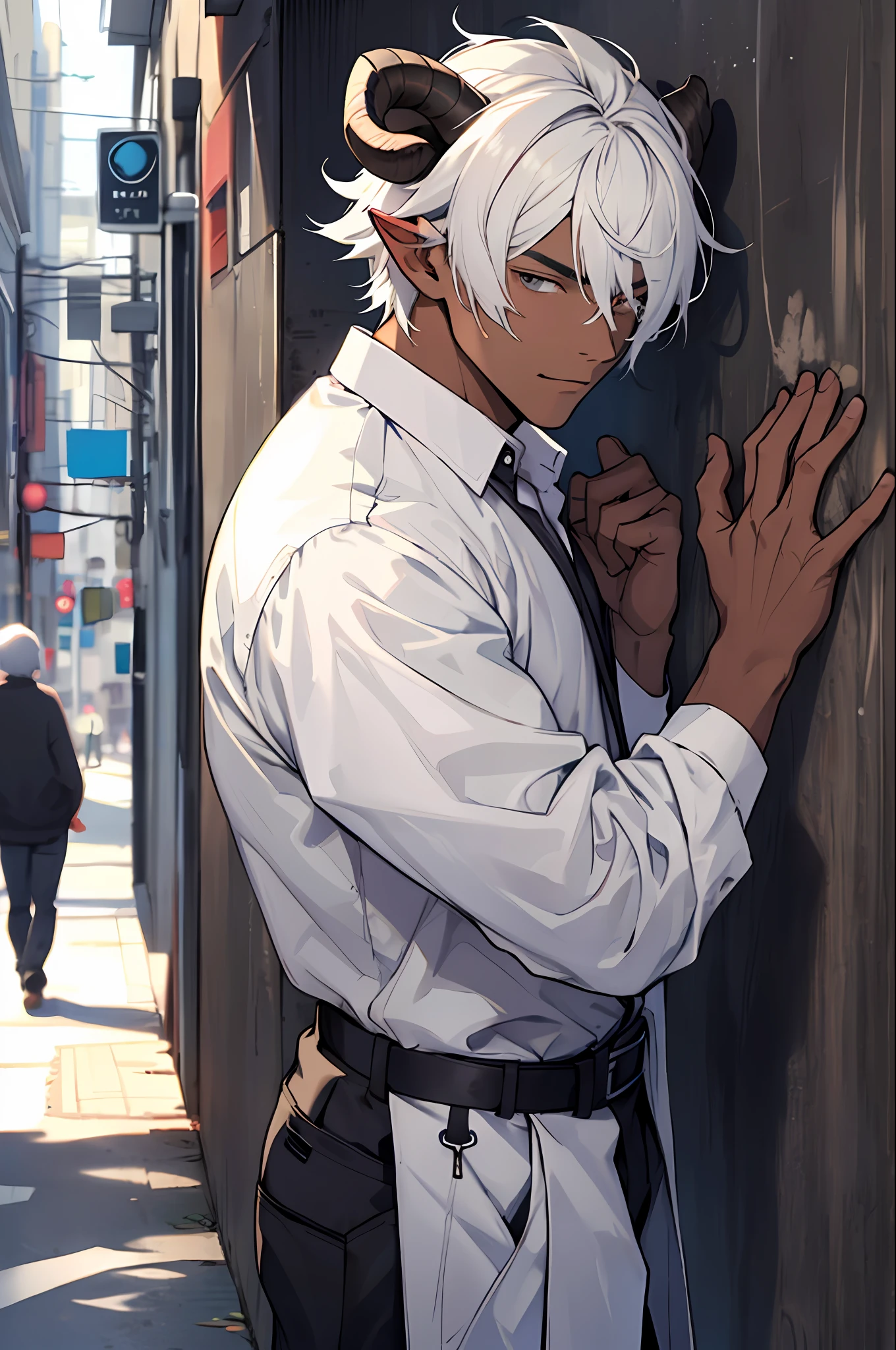 Draw an artistic, masterpiece, short white hair, sheep's horns on the head, dark skin leaning against the wall of cute handsome boys