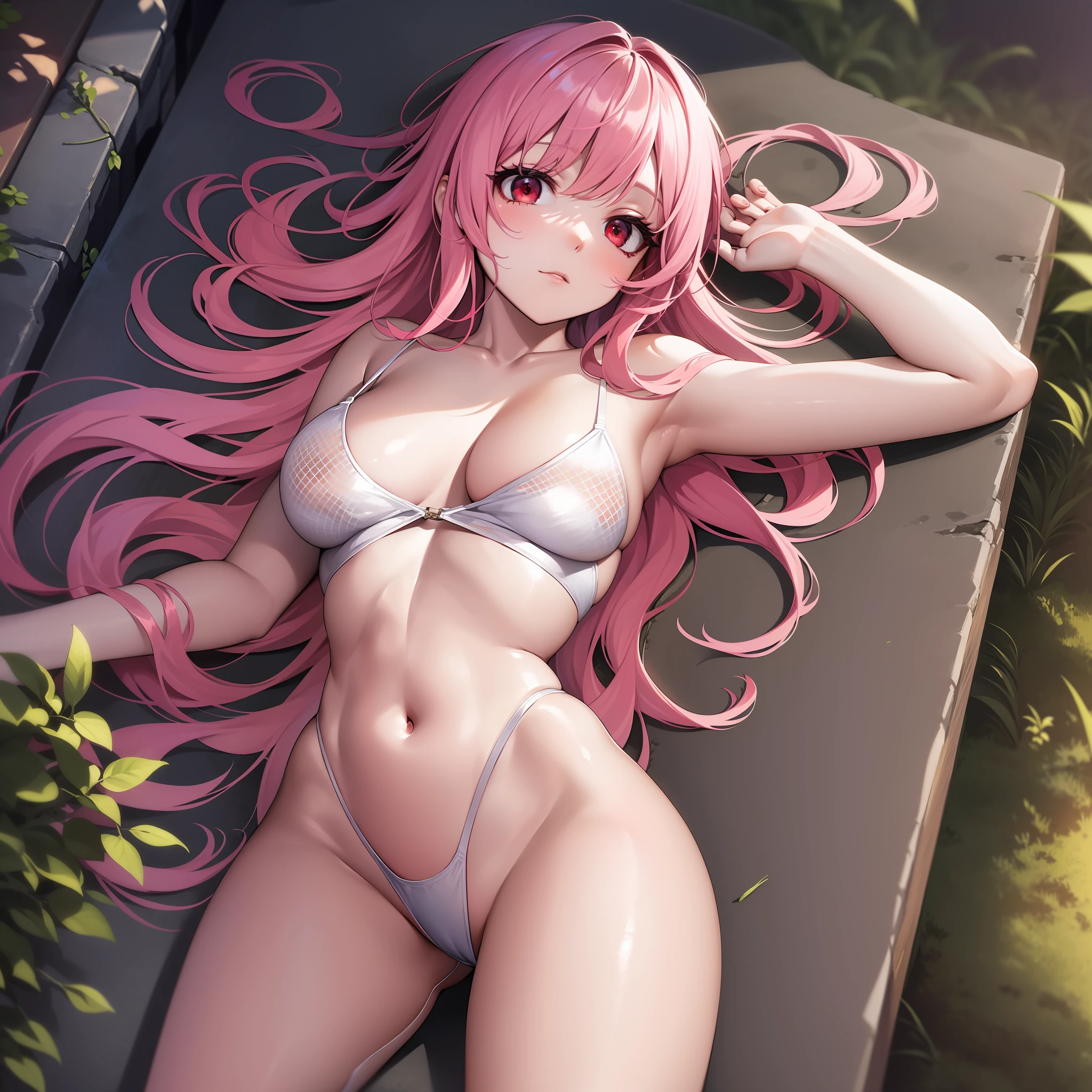 Detailed face, long eyelashes, detailed eyes, straight hair, (red eyes: 1.3), (pink hair and white mesh: 1.2), large cleavage, slim, angle from above, open-air bath, night, full body, lying on your back on a bench, full, no arrows