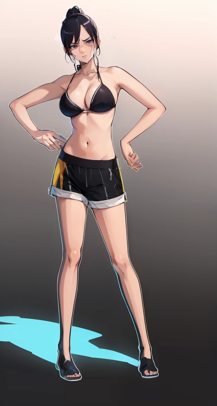 Cartoon of a woman in a bikini top and shorts with a purse, of frontline girls, front line style girls, fine details. front line girls, thigh focus, seductive anime girl, revealing outfit, moody scene noire, ecchi anime style, cell shaded adult animation, SFW Version, (sfw) safe for work, Varied positions, big breasts, black hair